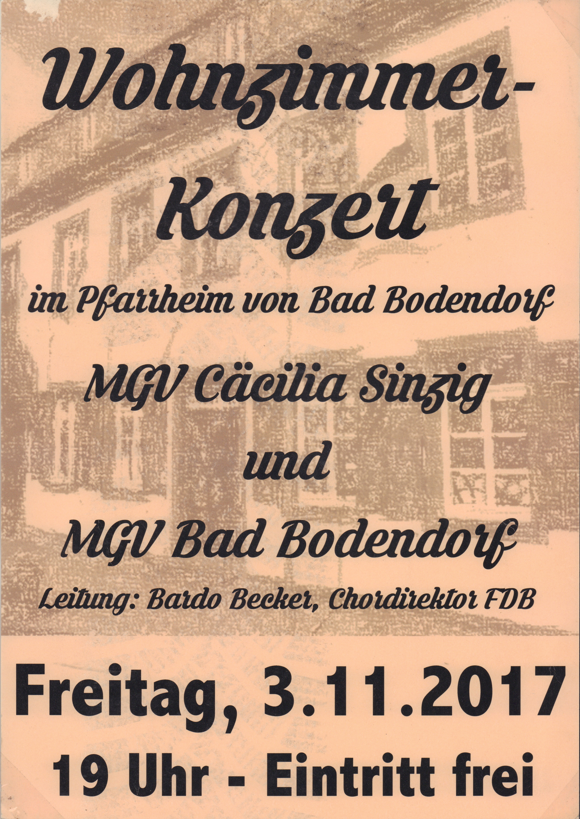 Plakat zum "Wohnzimmer-Konzert des MGV Cäcilia Sinzig und MGV Bad Bodendorf" am 03.11.2017 (Heimatmuseum und -Archiv Bad Bodendorf CC BY-NC-SA)