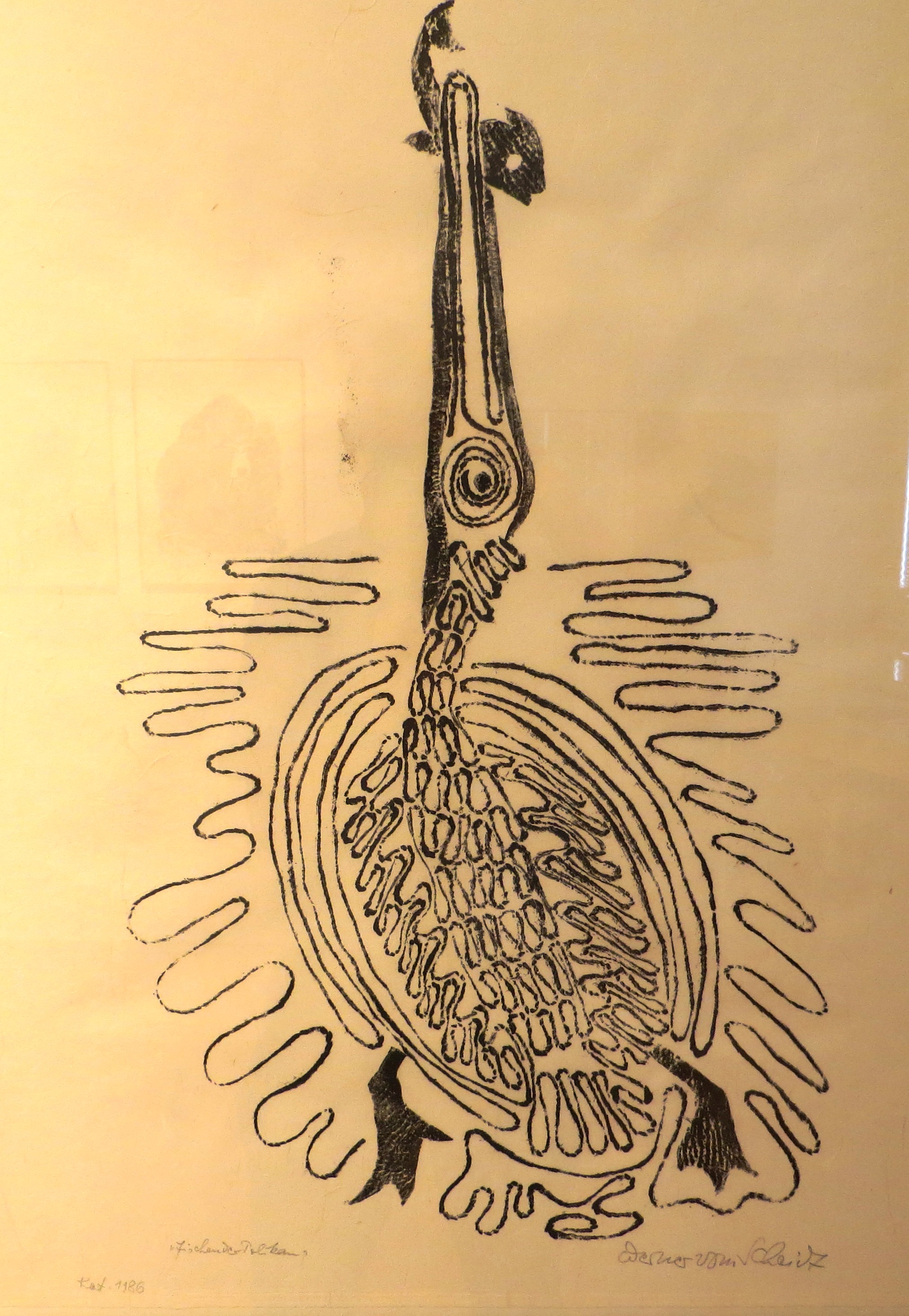 Materialdruck (Fischender Pelikan) (Museum der Stadt Bad Bergzabern CC BY-NC-SA)