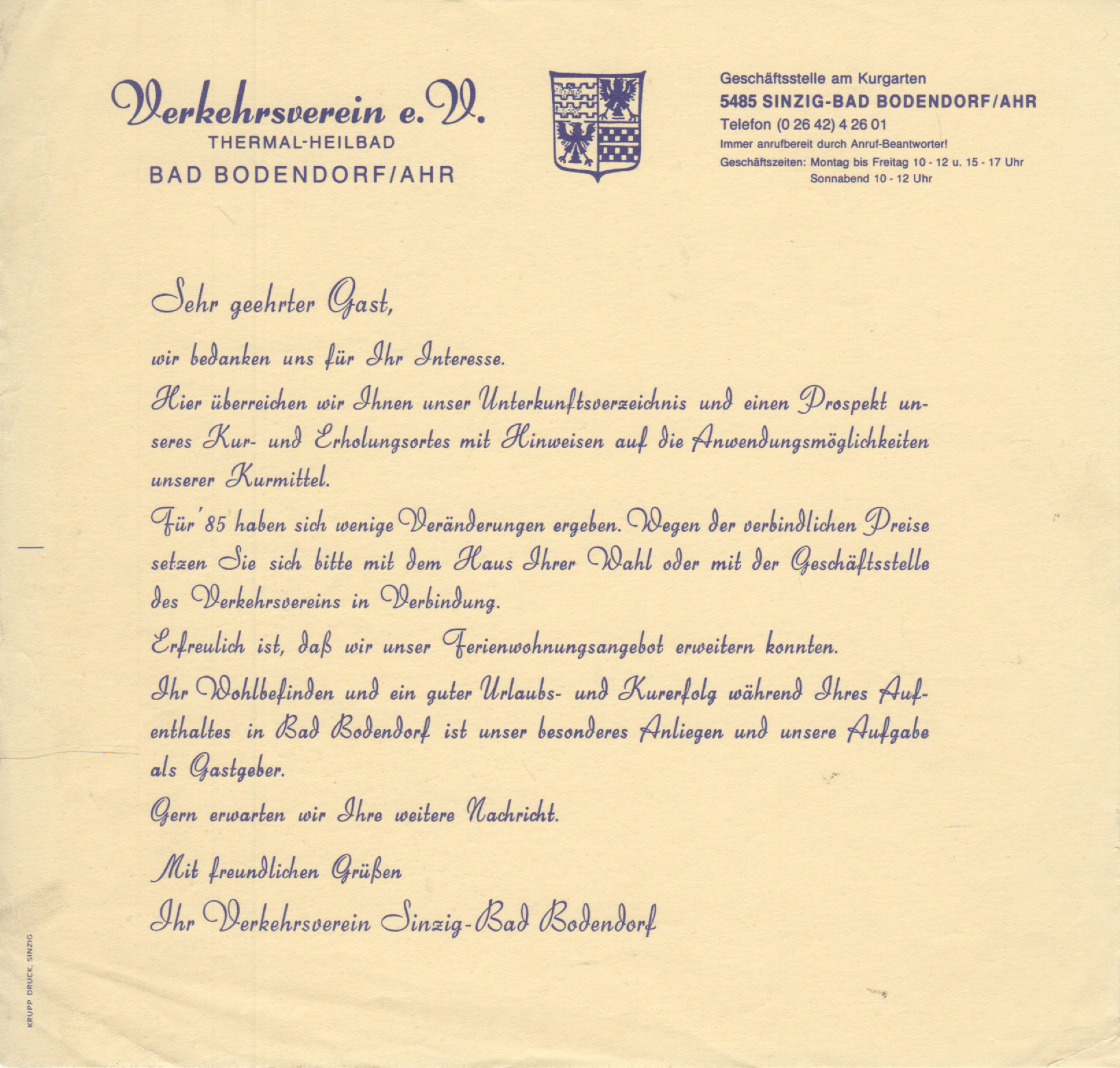 Brief zum Versand des Unterkunftsverzeichnis und Prospekt der Kur- und Erholungsort Bad Bodendorf (Heimatmuseum und -Archiv Bad Bodendorf CC BY-NC-SA)