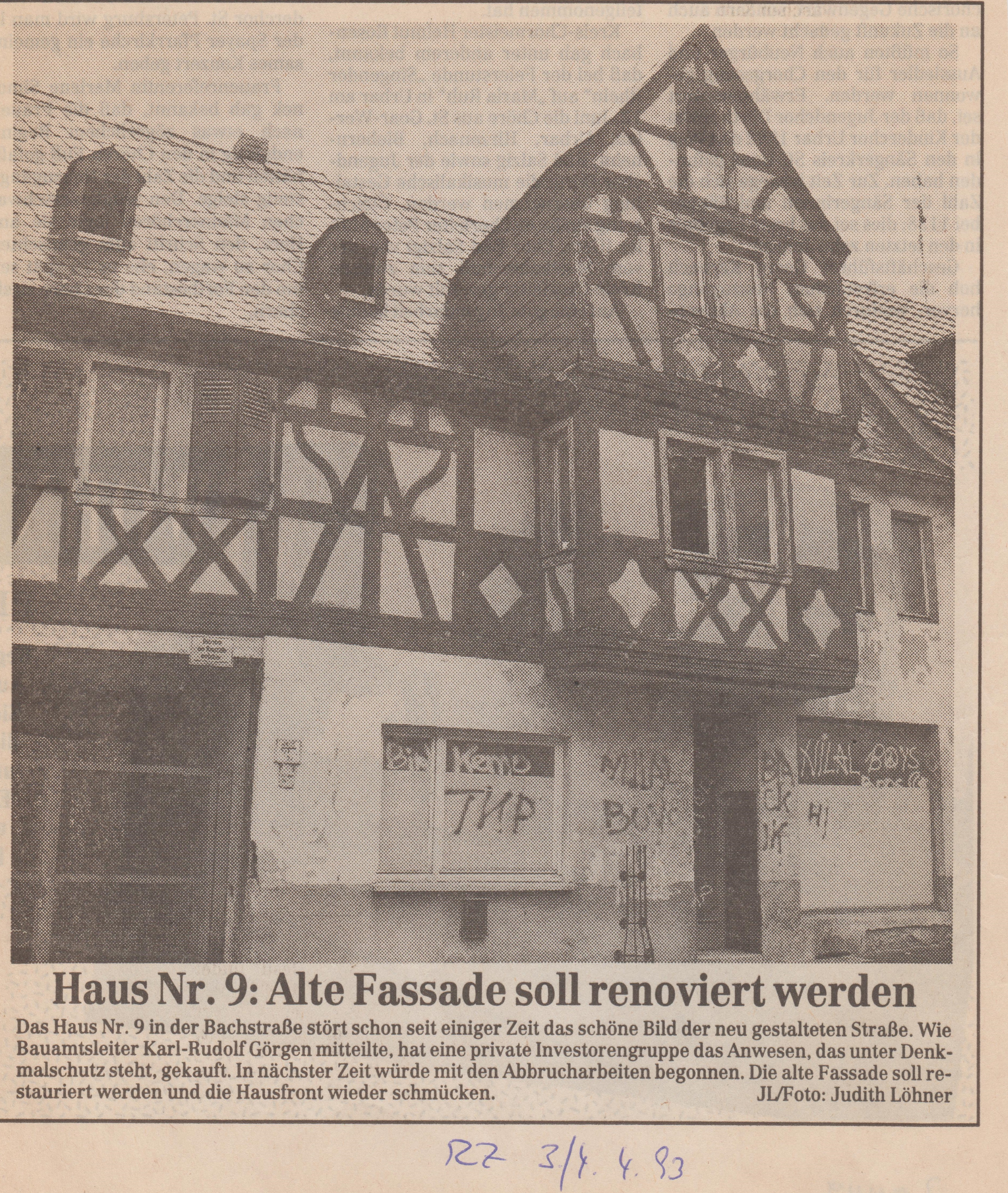 Bachstrasse "Haus Nr. 9: Alte Fassade soll renoviert werden",  Artikel vom 4. April 1993 (REM CC BY-NC-SA)