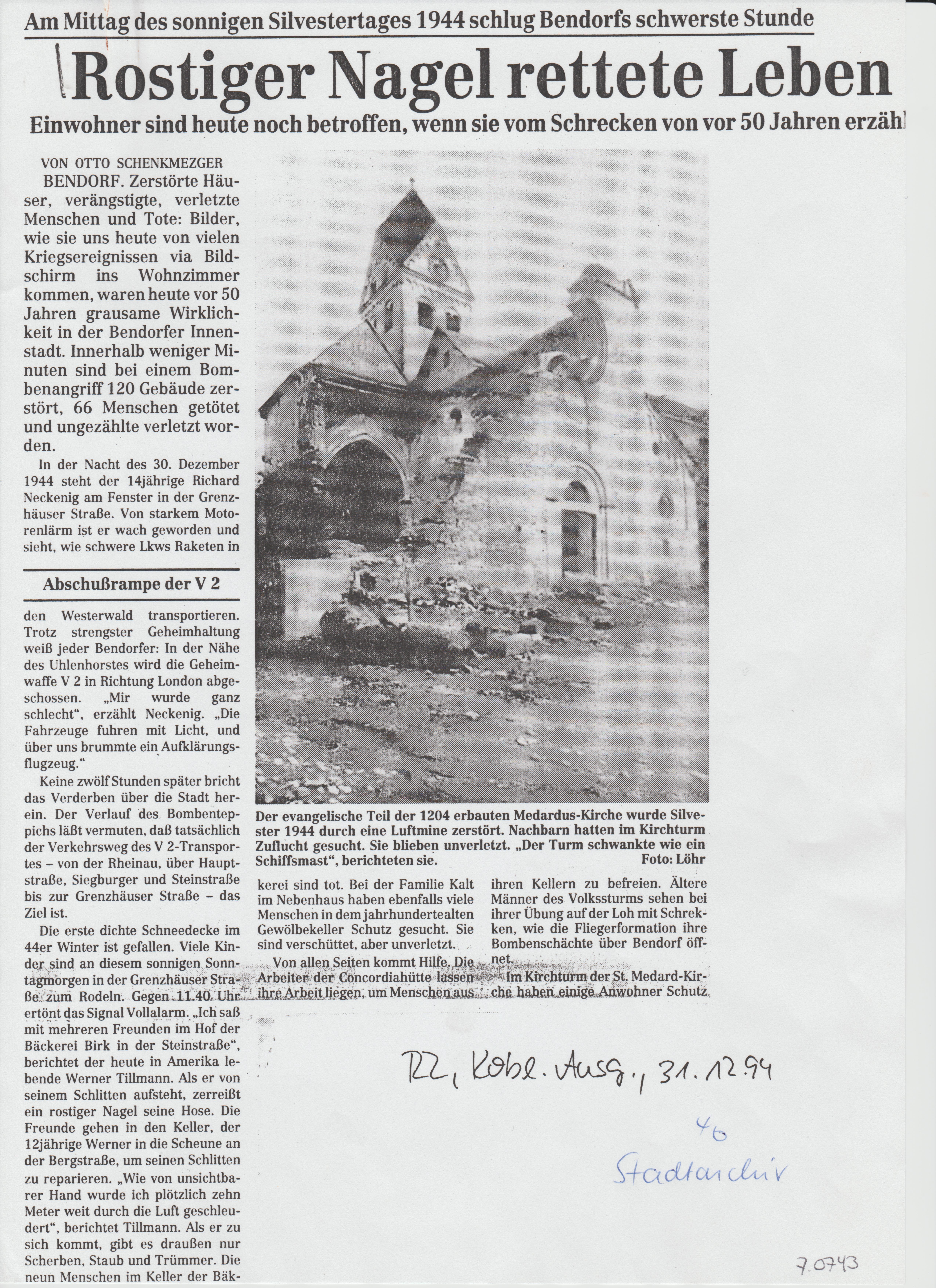 Artikel aus der Rhein Zeitung vom 31.12.1994, Bombenangriff auf Bendorf 1944 (REM CC BY-NC-SA)