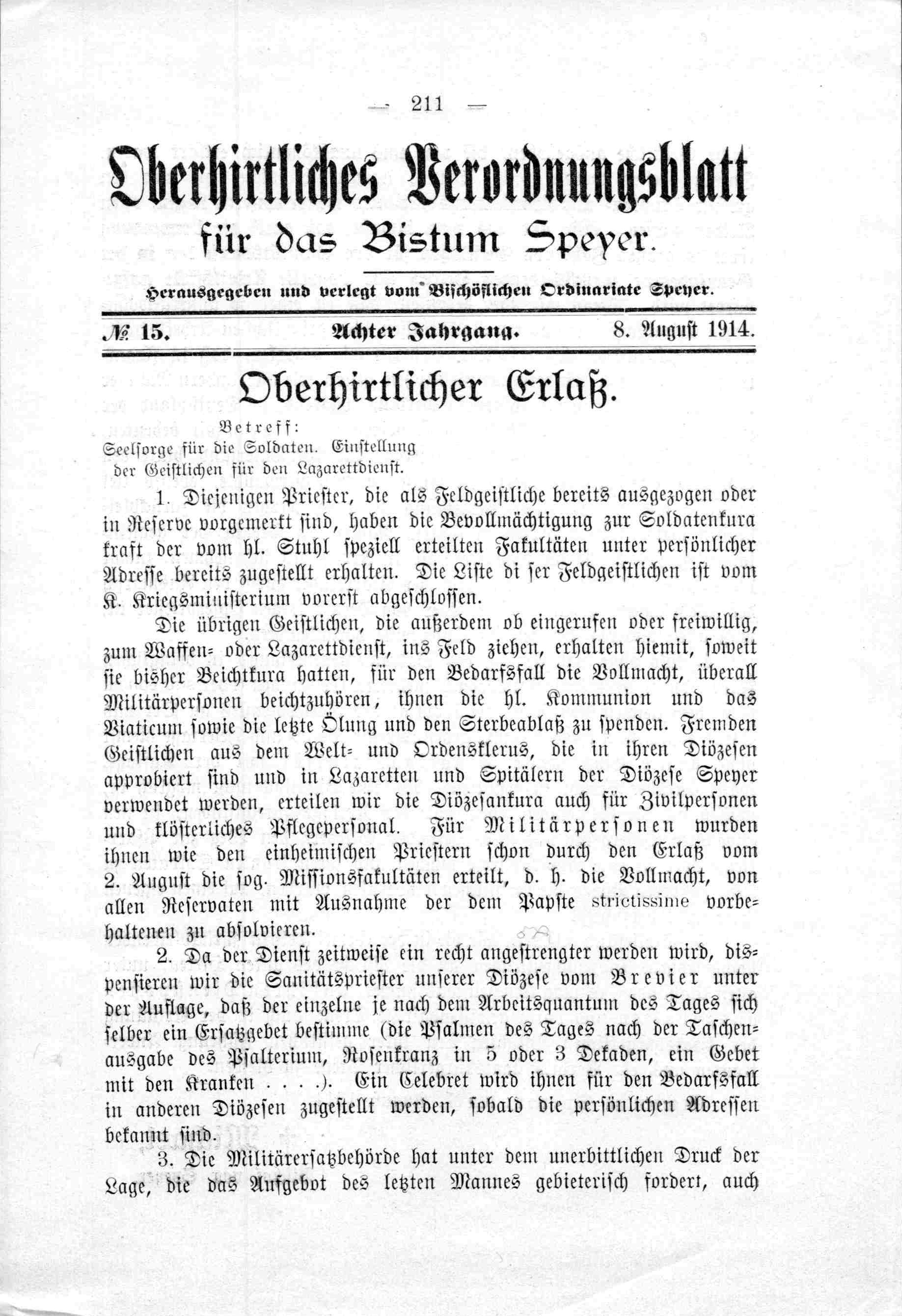 Oberhirtliches Verordnungsblatt für das Bistum Speyer, 8. August 1914 (Historisches Museum der Pfalz, Speyer CC BY)