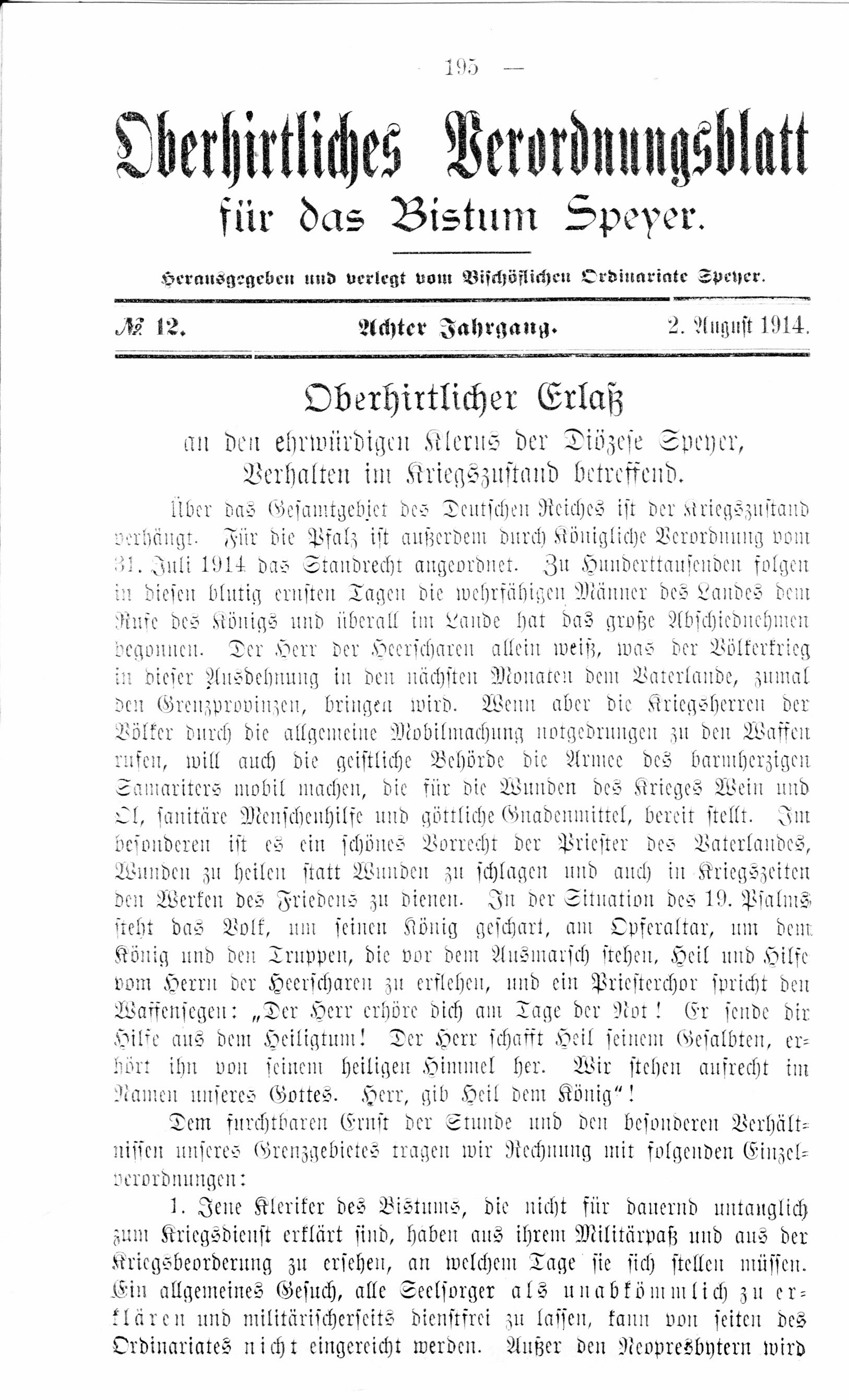 Oberhirtliches Verordnungsblatt für das Bistum Speyer, 2. August 1914 (Historisches Museum der Pfalz, Speyer CC BY)