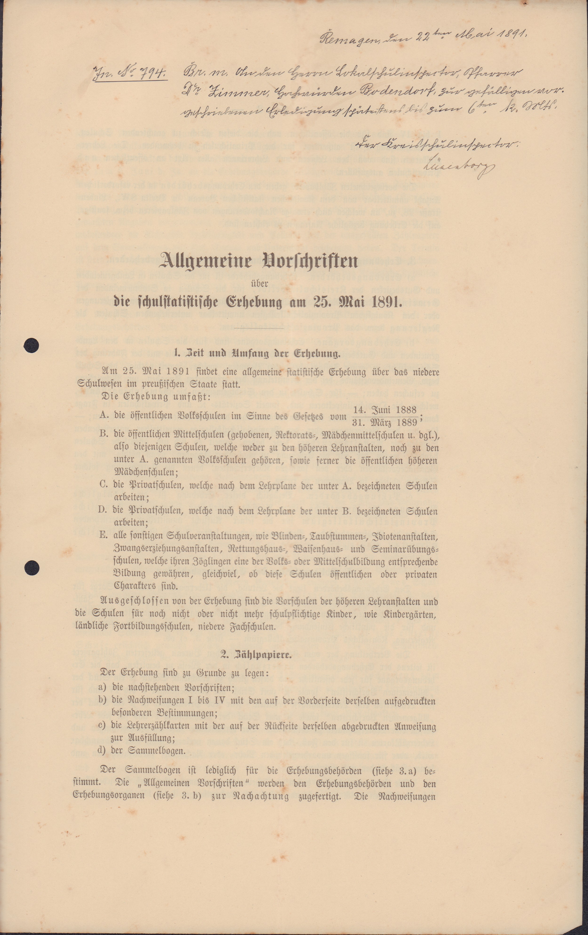 Allgemeine Vorschriften über die schulstatistische Erhebung (Heimatmuseum und -Archiv Bad Bodendorf CC BY-NC-SA)
