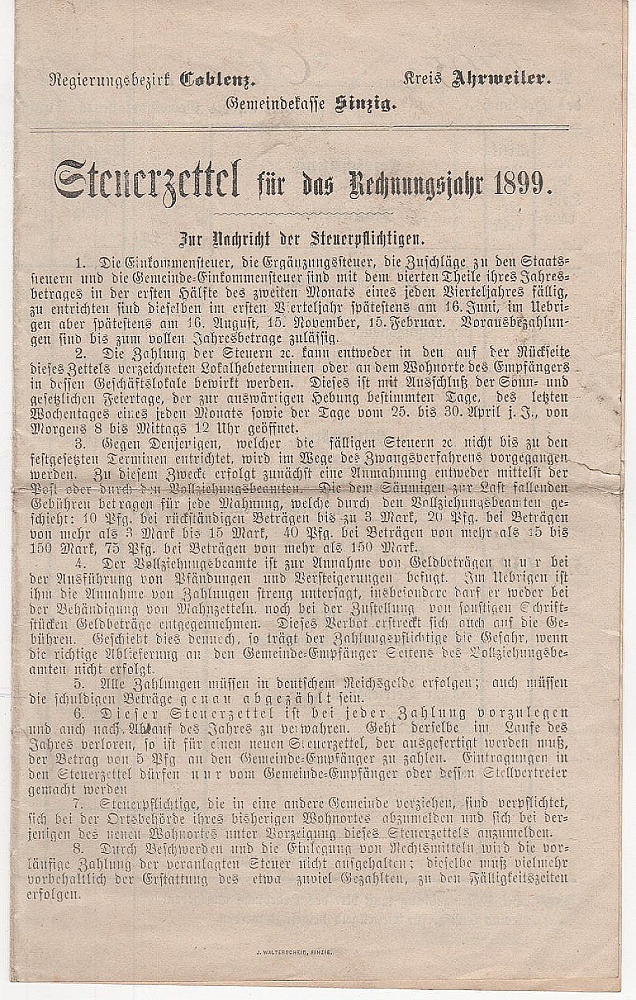 Steuerzettel für das Rechnungsjahr 1899 der Königlichen Steuer- und Gemeindekasse Ahrweiler (Heimatmuseum und -Archiv Bad Bodendorf CC BY-NC-SA)