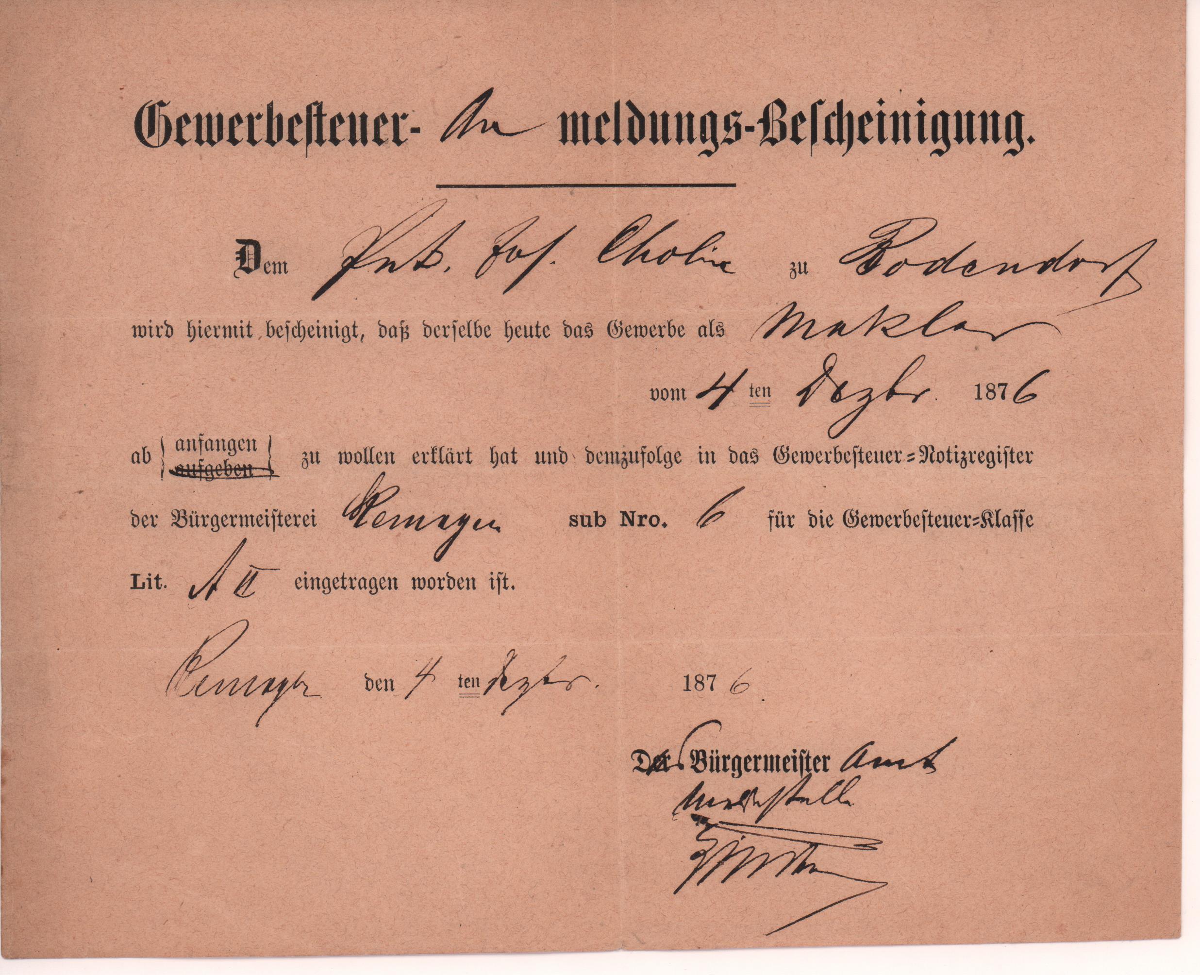 Gewerbesteuer-Anmeldungs-Bescheinigung der Stadt Remagen (Heimatmuseum und -Archiv Bad Bodendorf CC BY-NC-SA)
