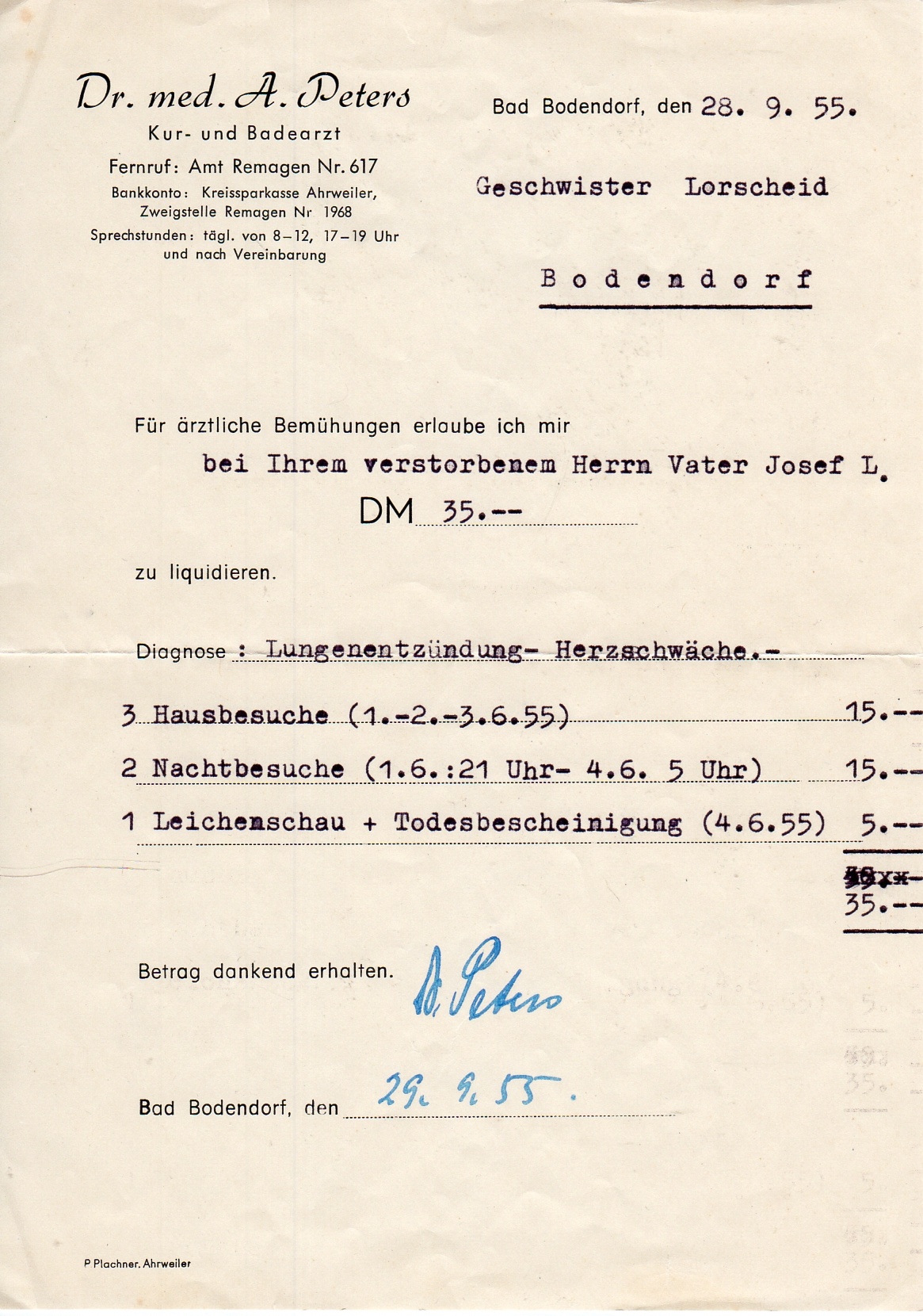 Rechnung für ärztliche Maßnahmen mit Briefumschlag vom 28.9.1955 (Heimatmuseum und -Archiv Bad Bodendorf CC BY-NC-SA)