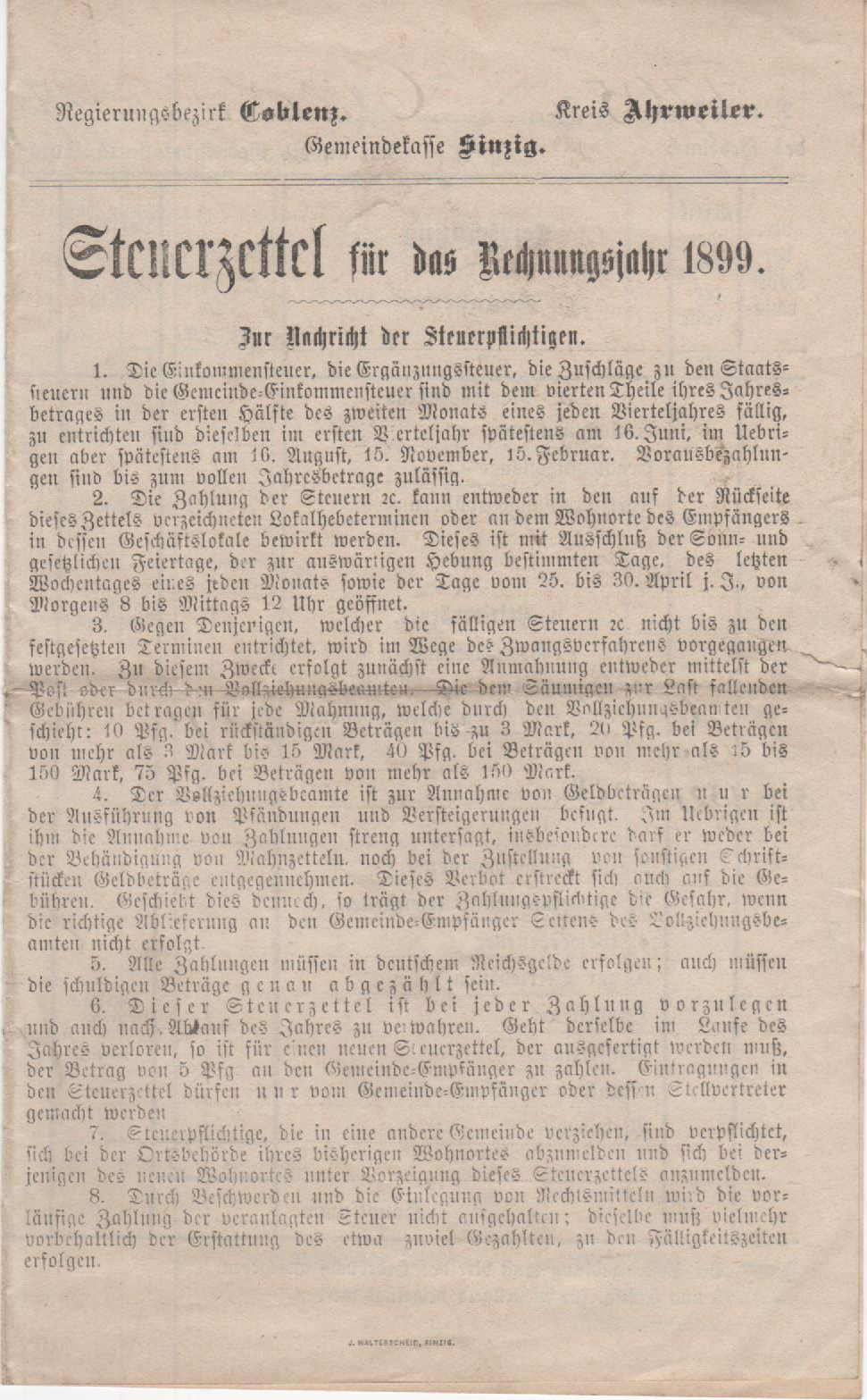 Steuerzettel für das Rechnungsjahr 1899 der Königlichen Steuer- und Gemeindekasse Ahrweiler (Heimatmuseum und -Archiv Bad Bodendorf CC BY-NC-SA)