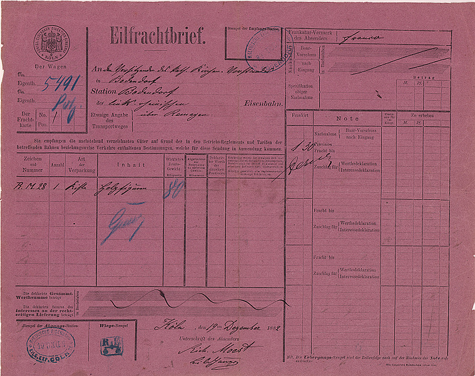 Eilfrachtbrief der Königlichen Eisenbahn Direktion (Linksrheinisch) Köln (Heimatmuseum und -Archiv Bad Bodendorf CC BY-NC-SA)