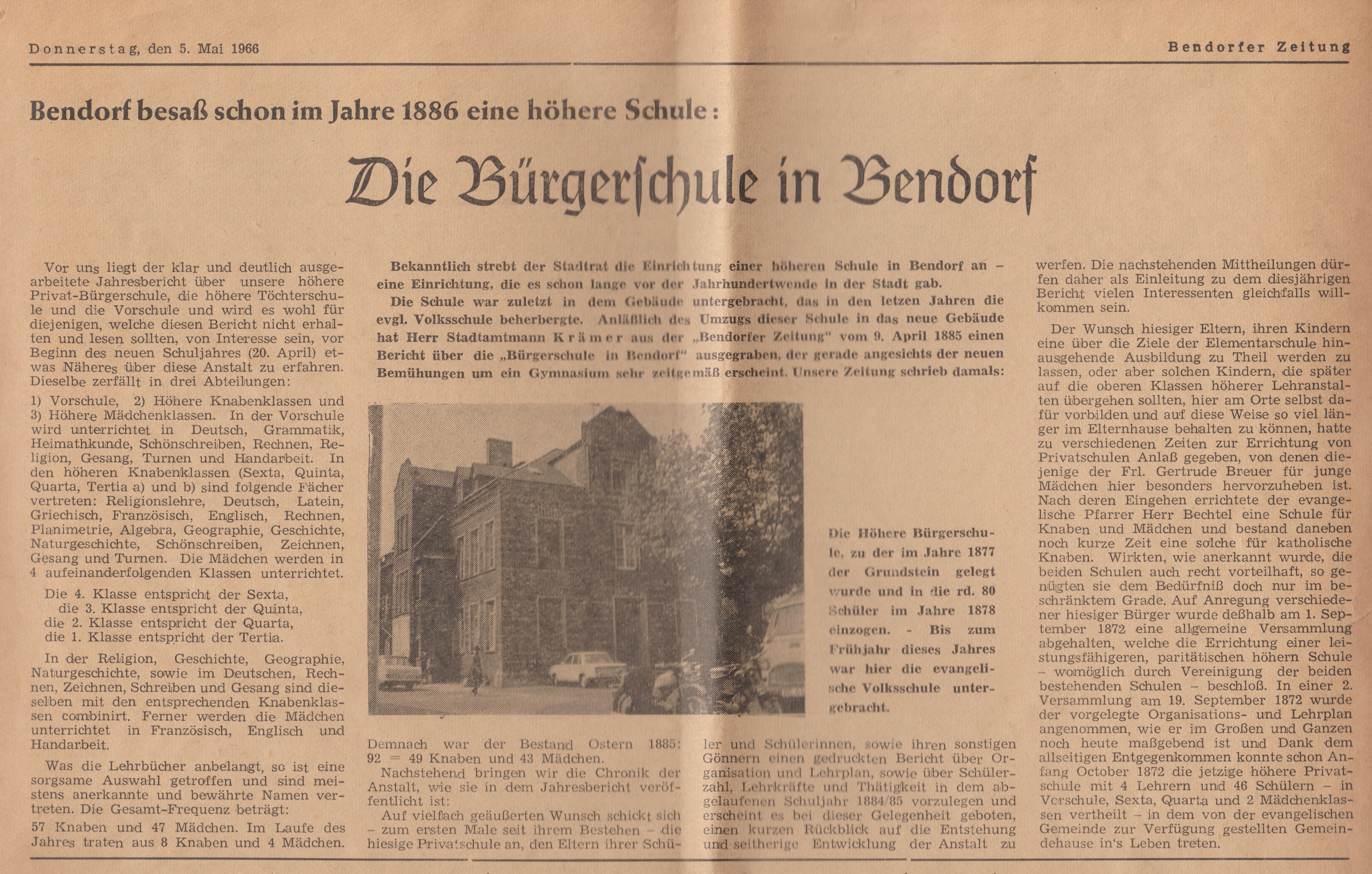 Zeitungsausschnitt "Die Bürgerschule in Bendorf", Bendorfer Zeitung 5.Mai 1966 (REM CC BY-NC-SA)