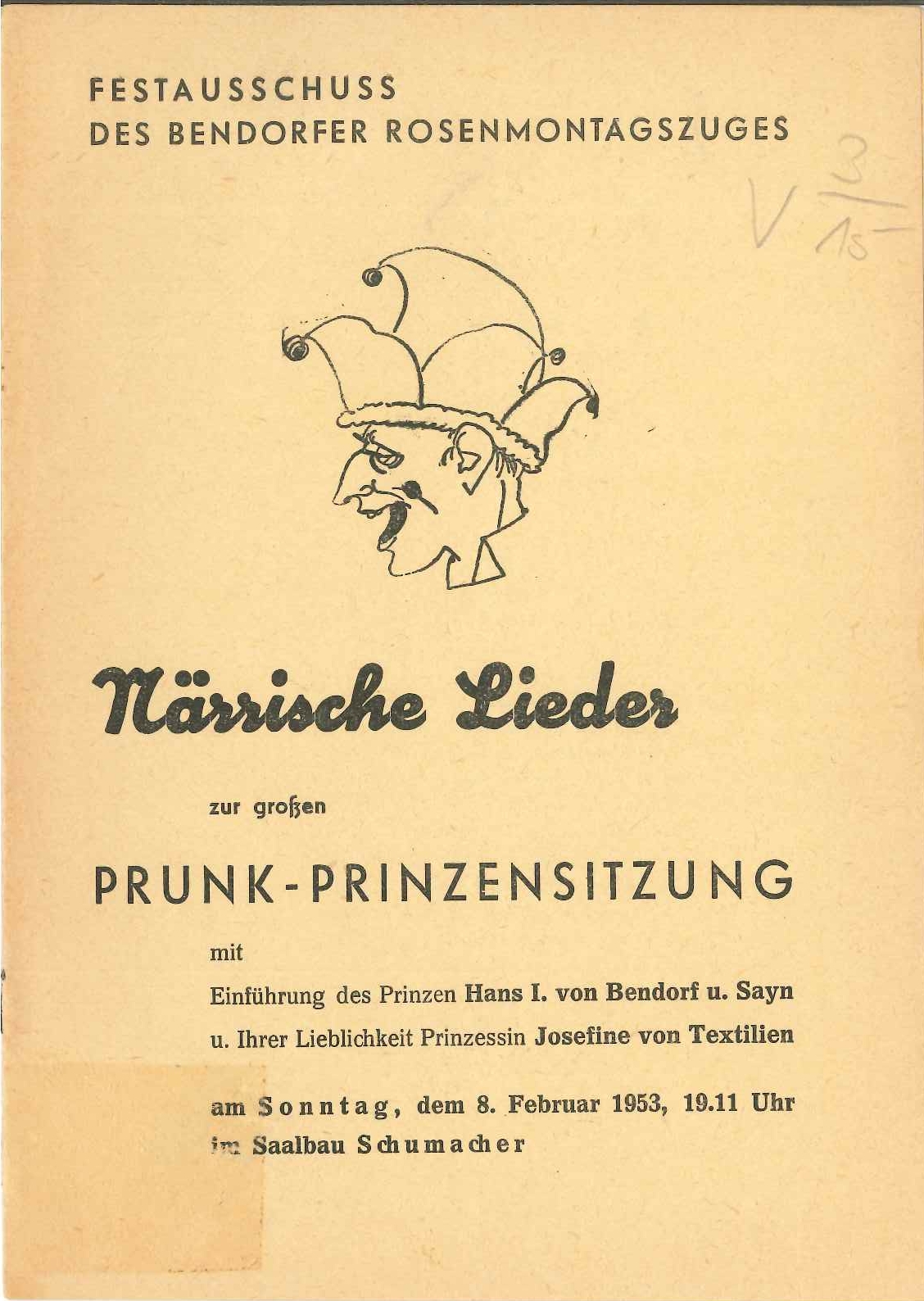 Liederheft Prunksitzung Prinz Hans I. und Prinzessin Josefine von Textilien, Bendorf 1953 (Rheinisches Eisenkunstguss-Museum CC BY-NC-SA)