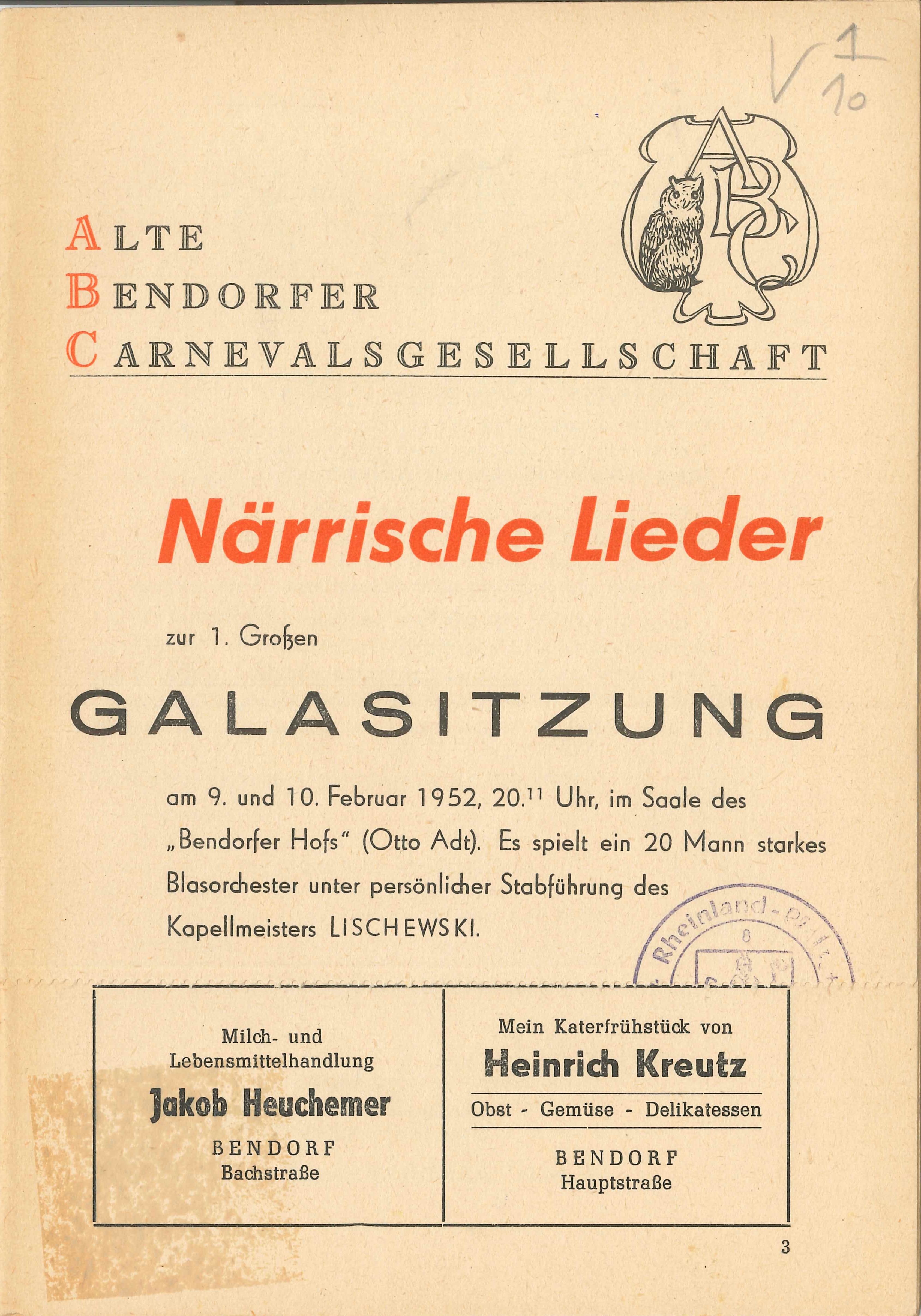 Liederheft Alte Bendorfer Carnevalsgesellschaft 1952 (Rheinisches Eisenkunstguss-Museum CC BY-NC-SA)