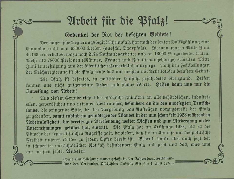 Flugblatt "Arbeit für die Pfalz" (Historisches Museum der Pfalz, Speyer CC BY)