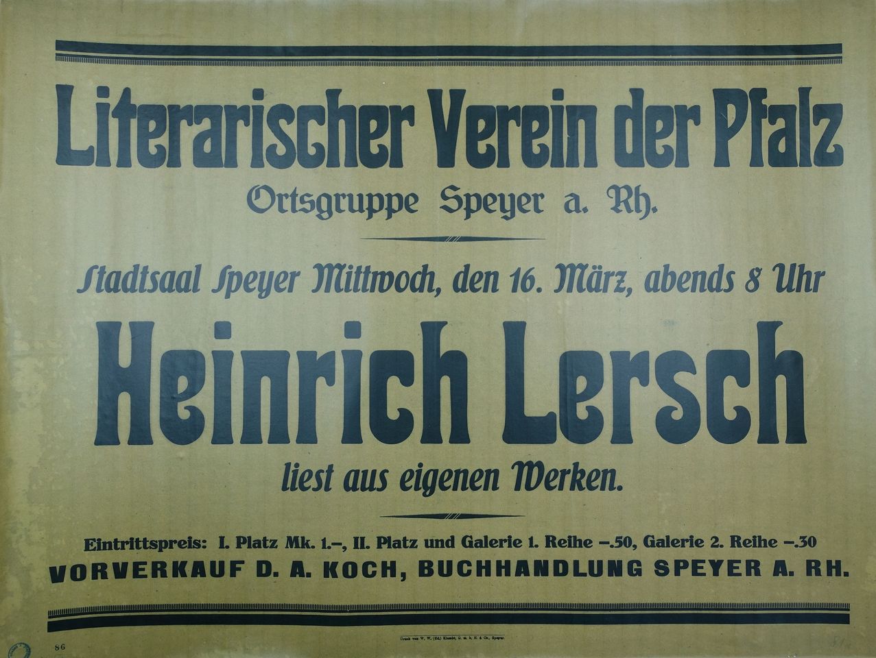 Plakat zur Lesung von Heinrich Lersch (Historisches Museum der Pfalz, Speyer CC BY)