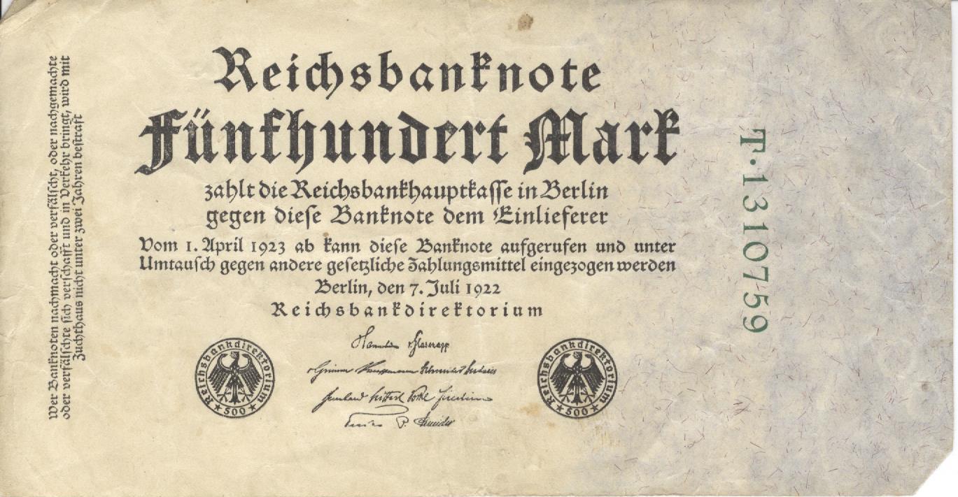 Fünfhundert Mark Inflationsgeld von 1922 (Heimatmuseum und -Archiv Bad Bodendorf CC BY-NC-SA)