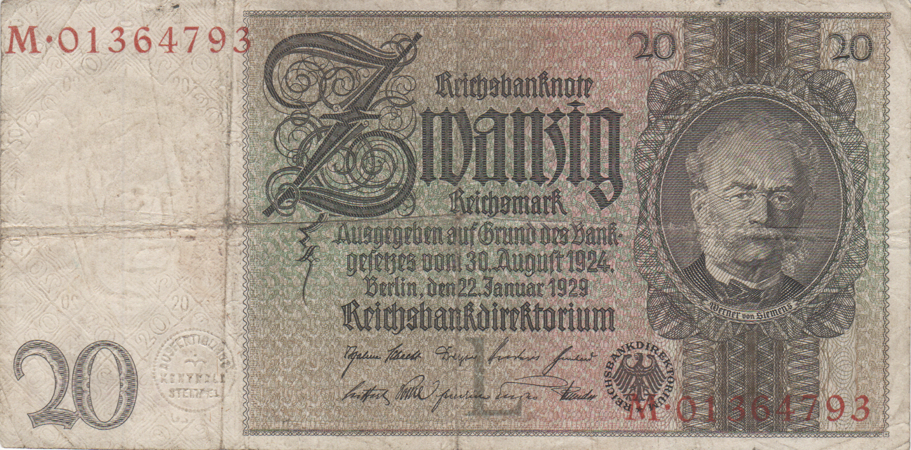 Zwanzig Mark von 1929 (Heimatmuseum und -Archiv Bad Bodendorf CC BY-NC-SA)