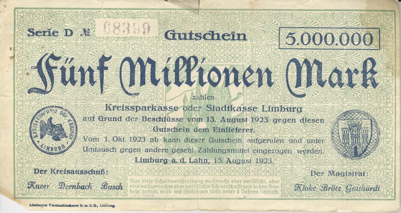 Gutschein über Fünf Millionen Mark der Stadt Limburg a.d. Lahn von 1923 (Heimatmuseum und -Archiv Bad Bodendorf CC BY-NC-SA)