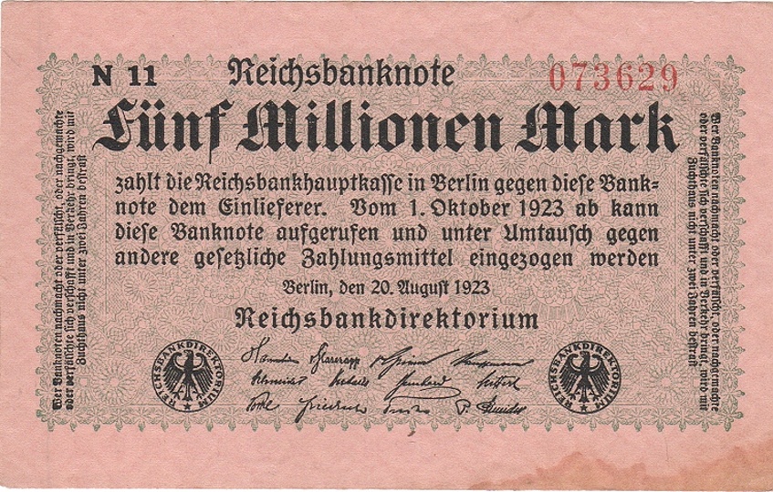 Reichsbanknote über Fünf Millionen Mark von 1923 (Heimatmuseum und -Archiv Bad Bodendorf CC BY-NC-SA)