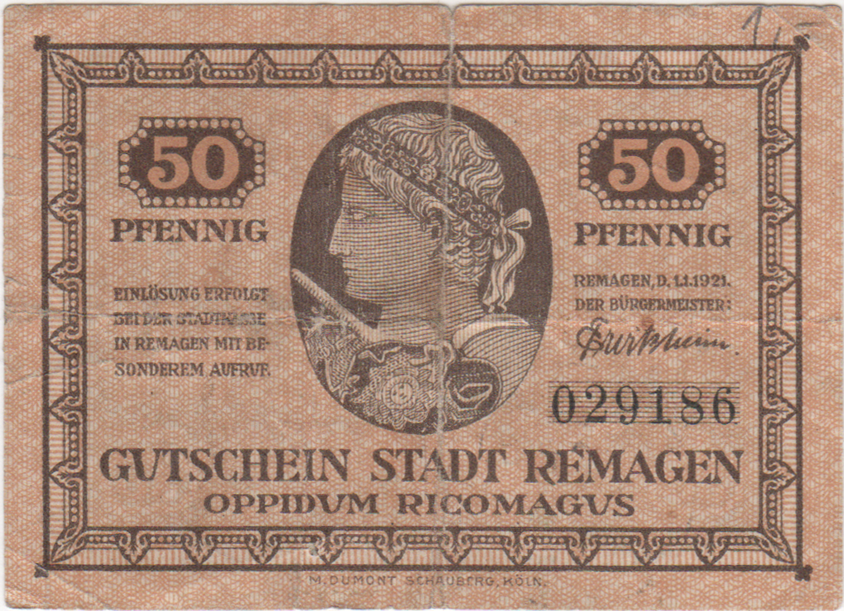 Gutschein der Stadt Remagen über 50 Pfennig vom 01.01.1921 (Heimatmuseum und -Archiv Bad Bodendorf CC BY-NC-SA)