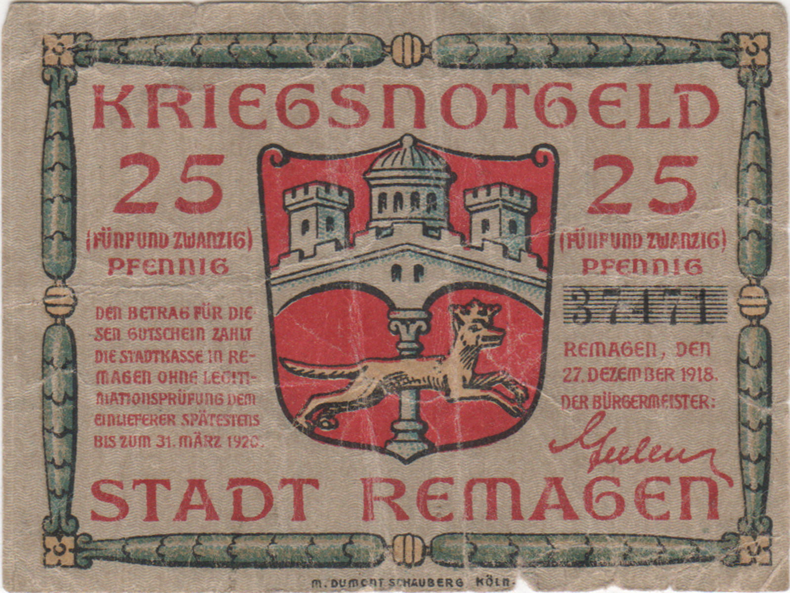Kriegsnotgeld 25 Pfennig der Stadt Remagen 1918 (Heimatmuseum und -Archiv Bad Bodendorf CC BY-NC-SA)