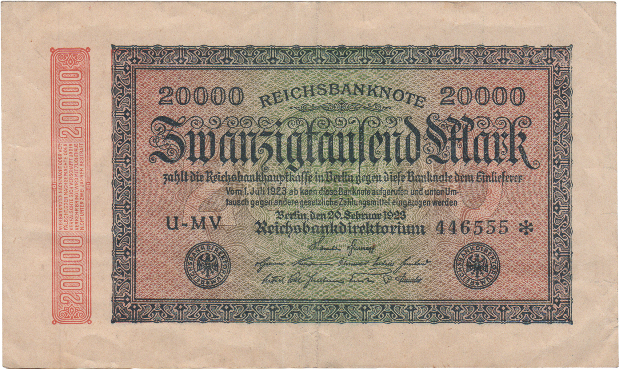 Reichsbanknote über Zwanzigtausend Mark von 1923 (Heimatmuseum und -Archiv Bad Bodendorf CC BY-NC-SA)