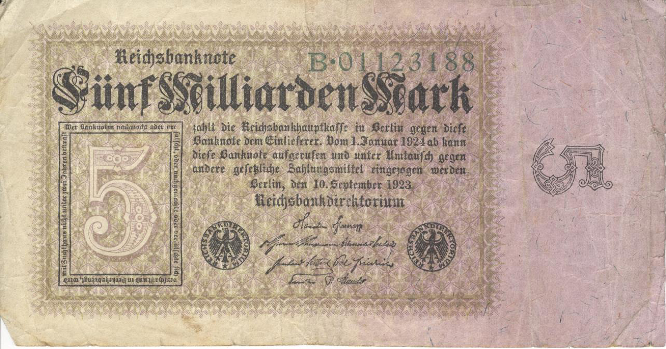 Reichsbanknote über Fünf Milliarden Mark von 1923 (Heimatmuseum und -Archiv Bad Bodendorf CC BY-NC-SA)