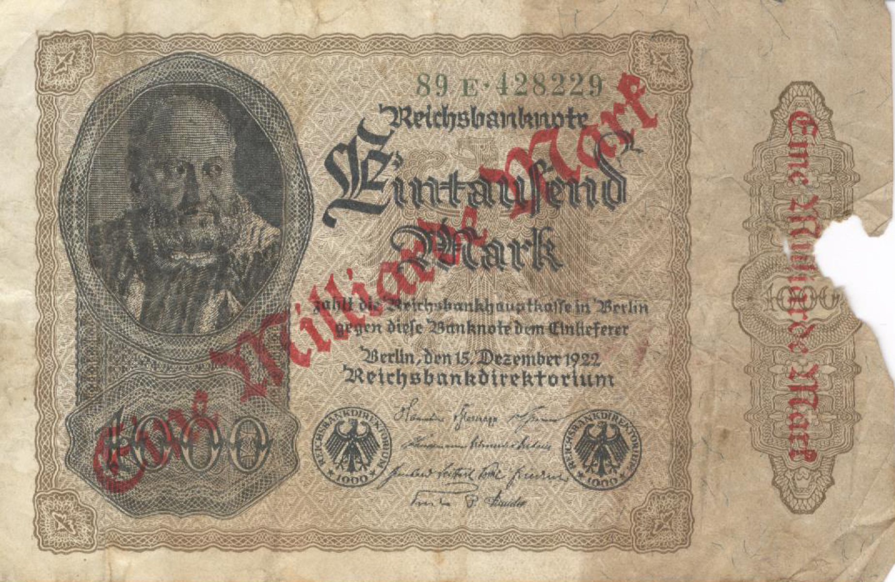 Reichsbanknote über Eine Milliarde Mark von 1922 mit Überdruckprovisorium (Heimatmuseum und -Archiv Bad Bodendorf CC BY-NC-SA)