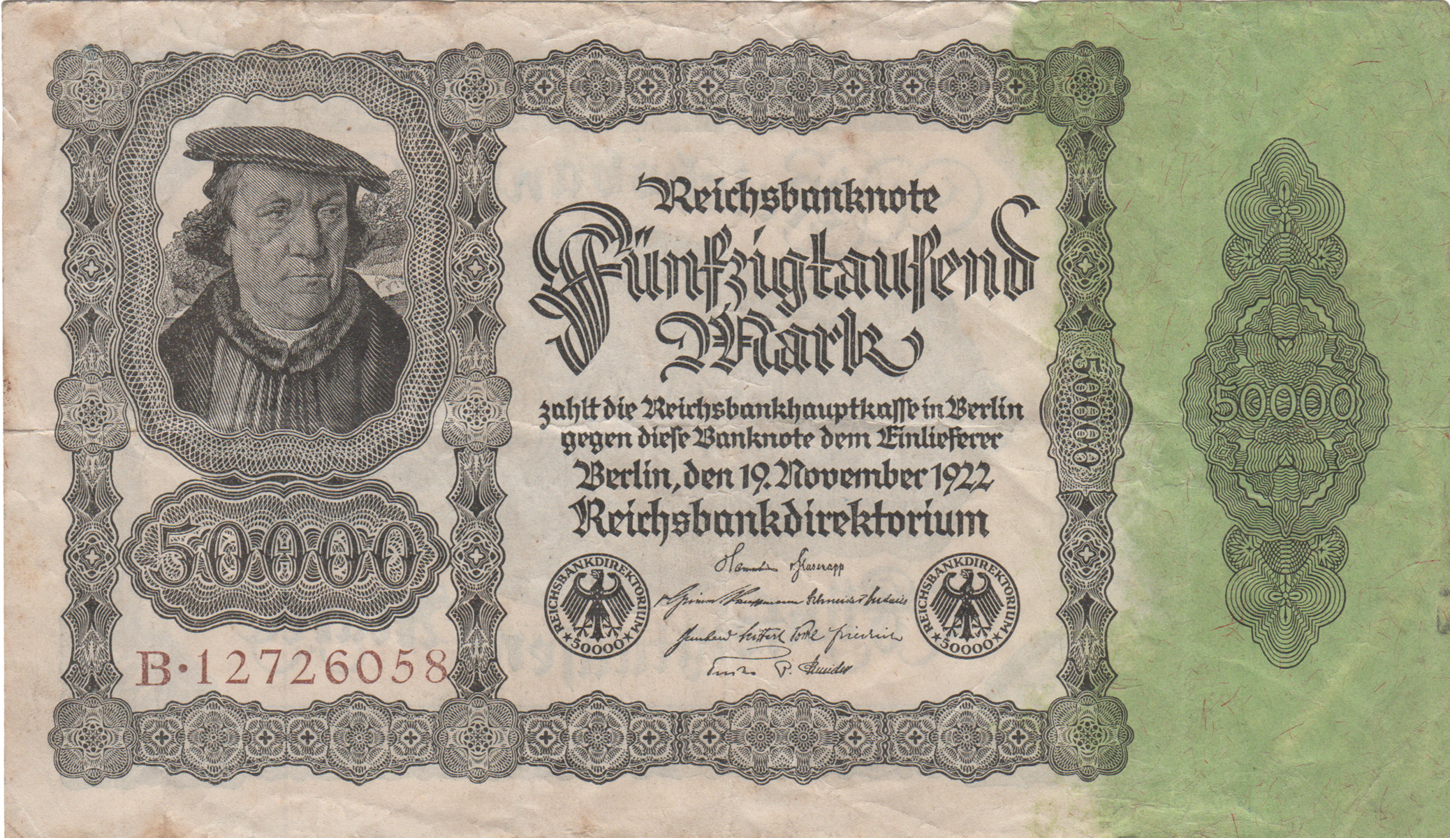 Reichsbanknote über Fünfzigtausend Mark von 19222 (Heimatmuseum und -Archiv Bad Bodendorf CC BY-NC-SA)