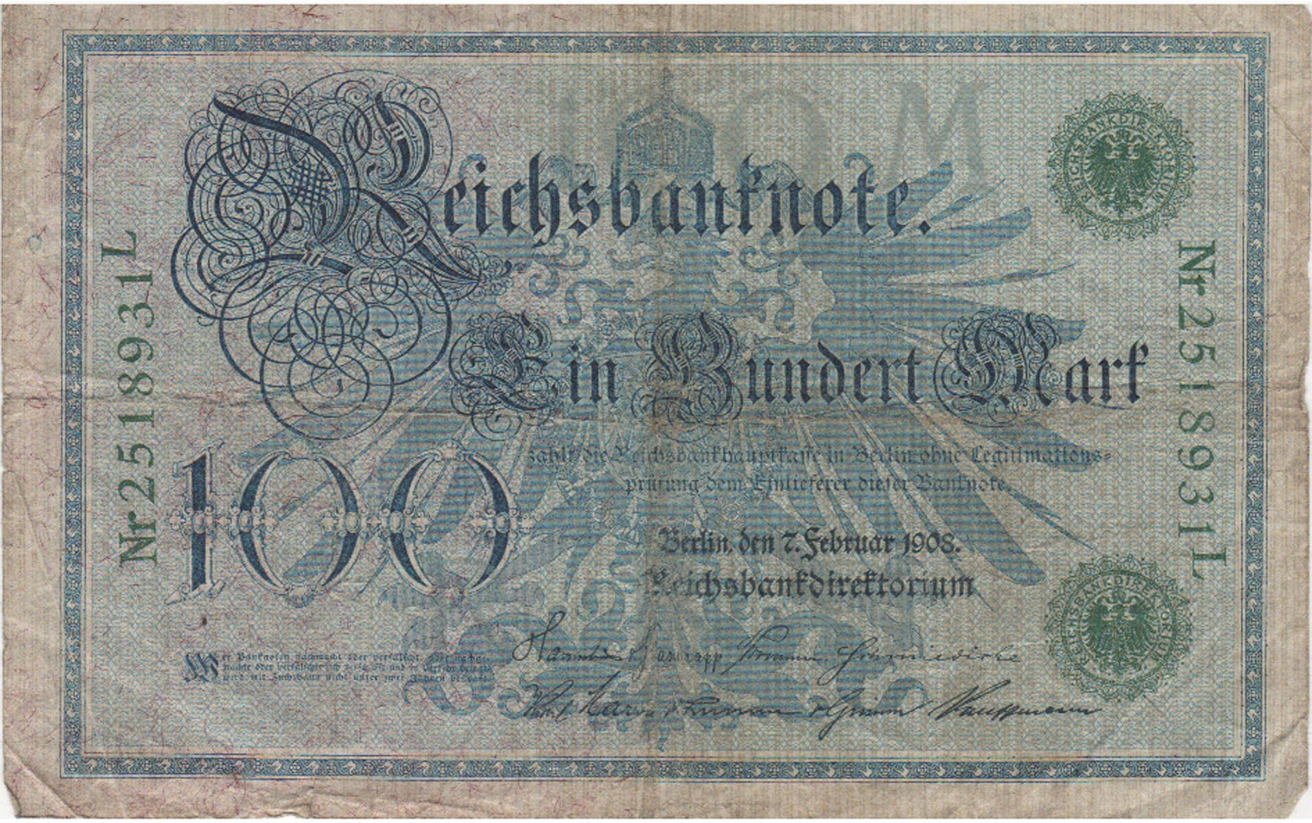 Reichsbanknote über einhundert Mark von 1908, letzte Banknote des Kaiserreichs (Heimatmuseum und -Archiv Bad Bodendorf CC BY-NC-SA)