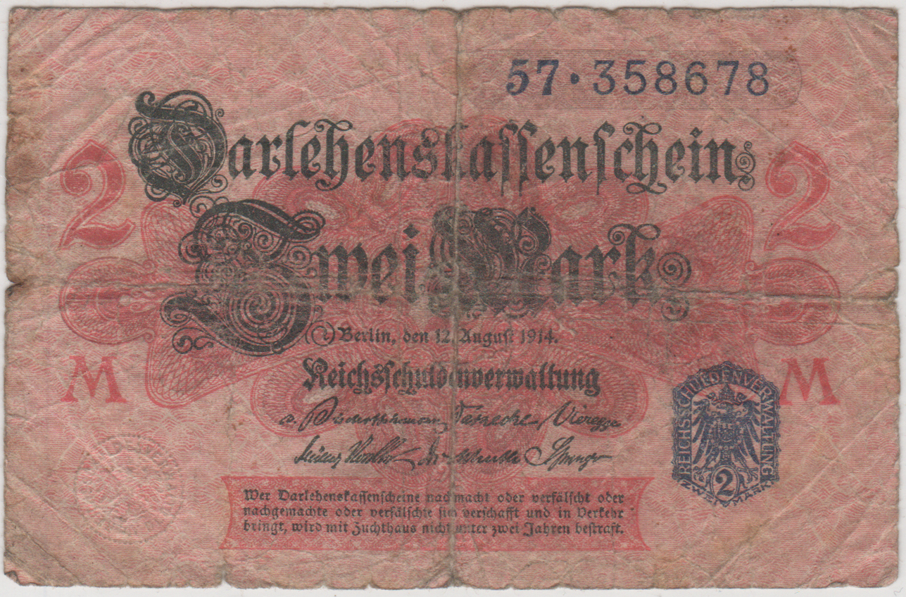 Darlehnshassenschein über Zwei Mark von 1914 (Heimatmuseum und -Archiv Bad Bodendorf CC BY-NC-SA)