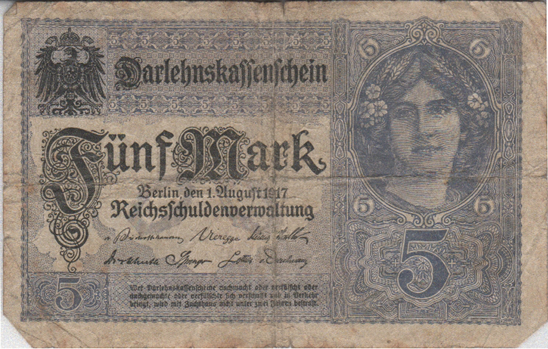 Darlehnskassenschein über fünf von 1917 (Heimatmuseum und -Archiv Bad Bodendorf CC BY-NC-SA)