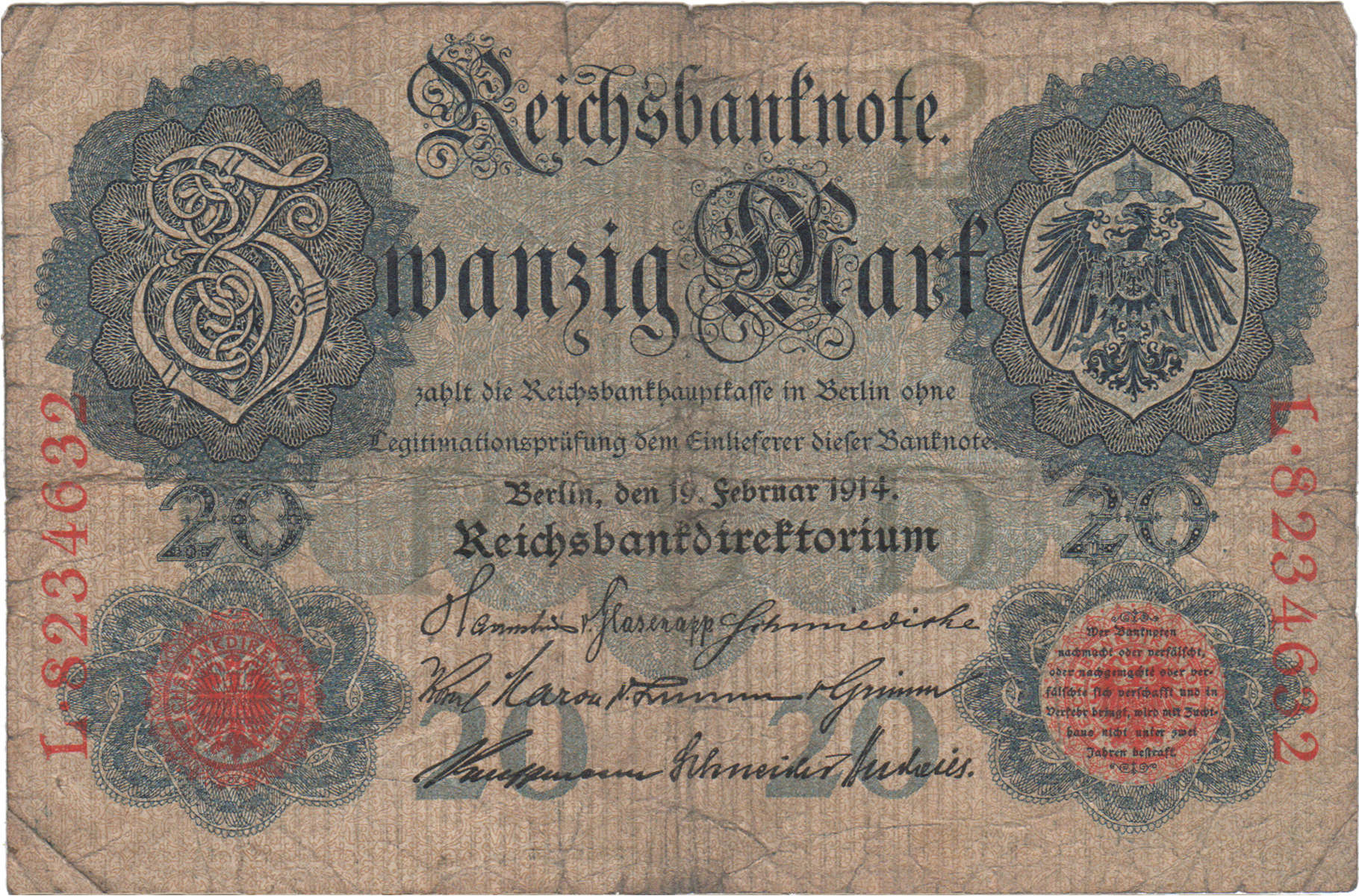 Reichsbanknote über Zwanzigtausend Mark von 1914 (Heimatmuseum und -Archiv Bad Bodendorf CC BY-NC-SA)