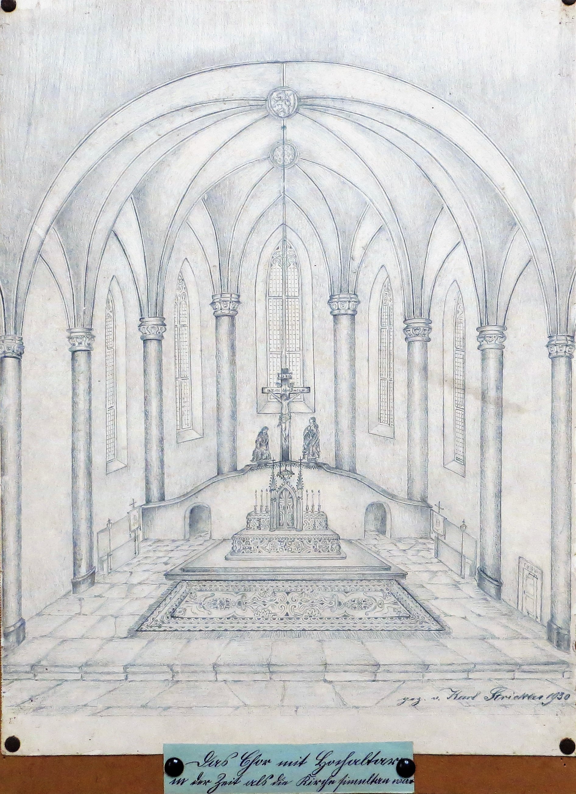 Zeichnung, Der Chor mit Hochaltar in der Zeit als die Kirche simultan war (bis 1879) (Museum der Stadt Bad Bergzabern CC BY-NC-SA)