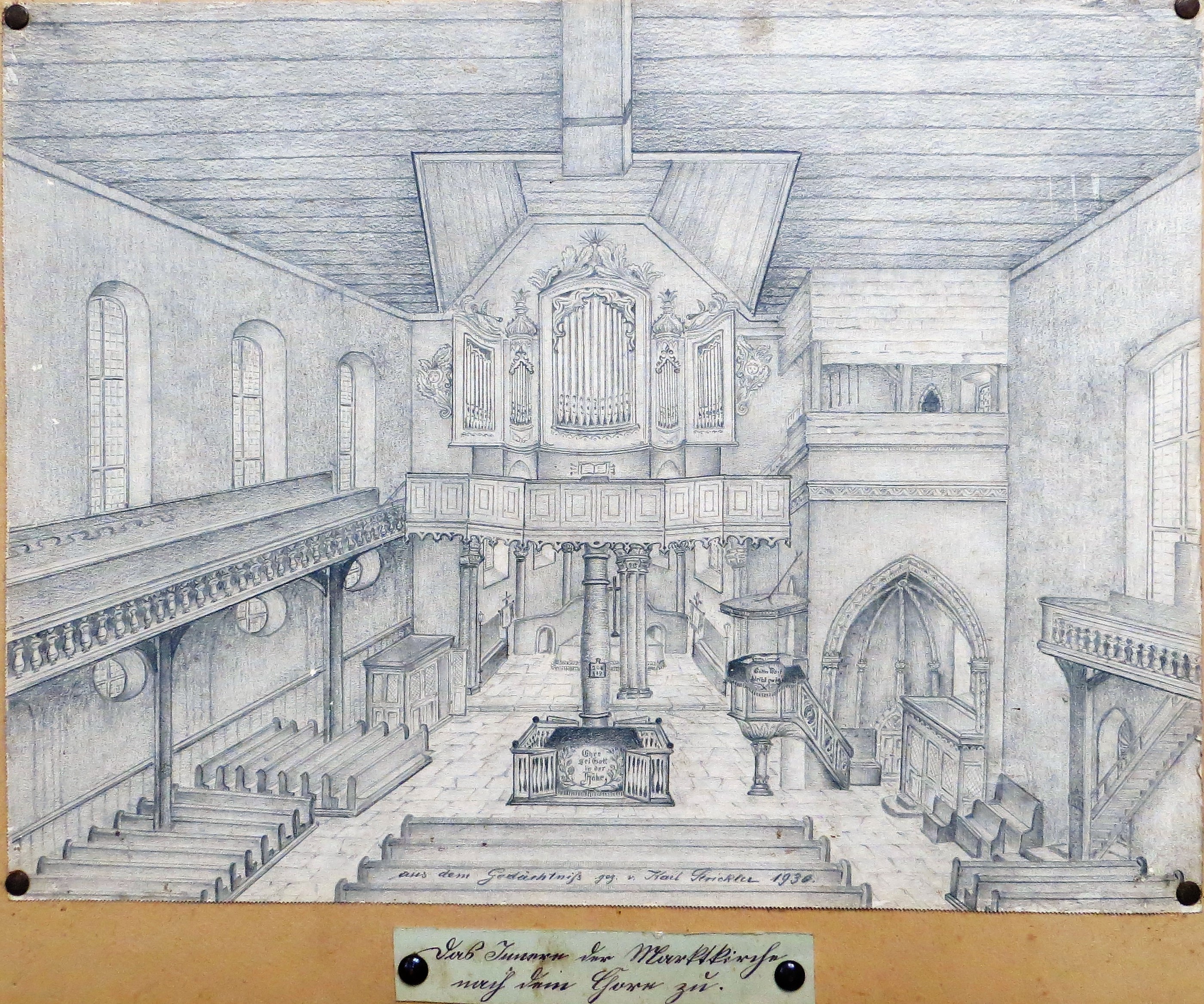 Zeichnung, Das Innere der Marktkirche auf den Chor zu (Museum der Stadt Bad Bergzabern CC BY-NC-SA)