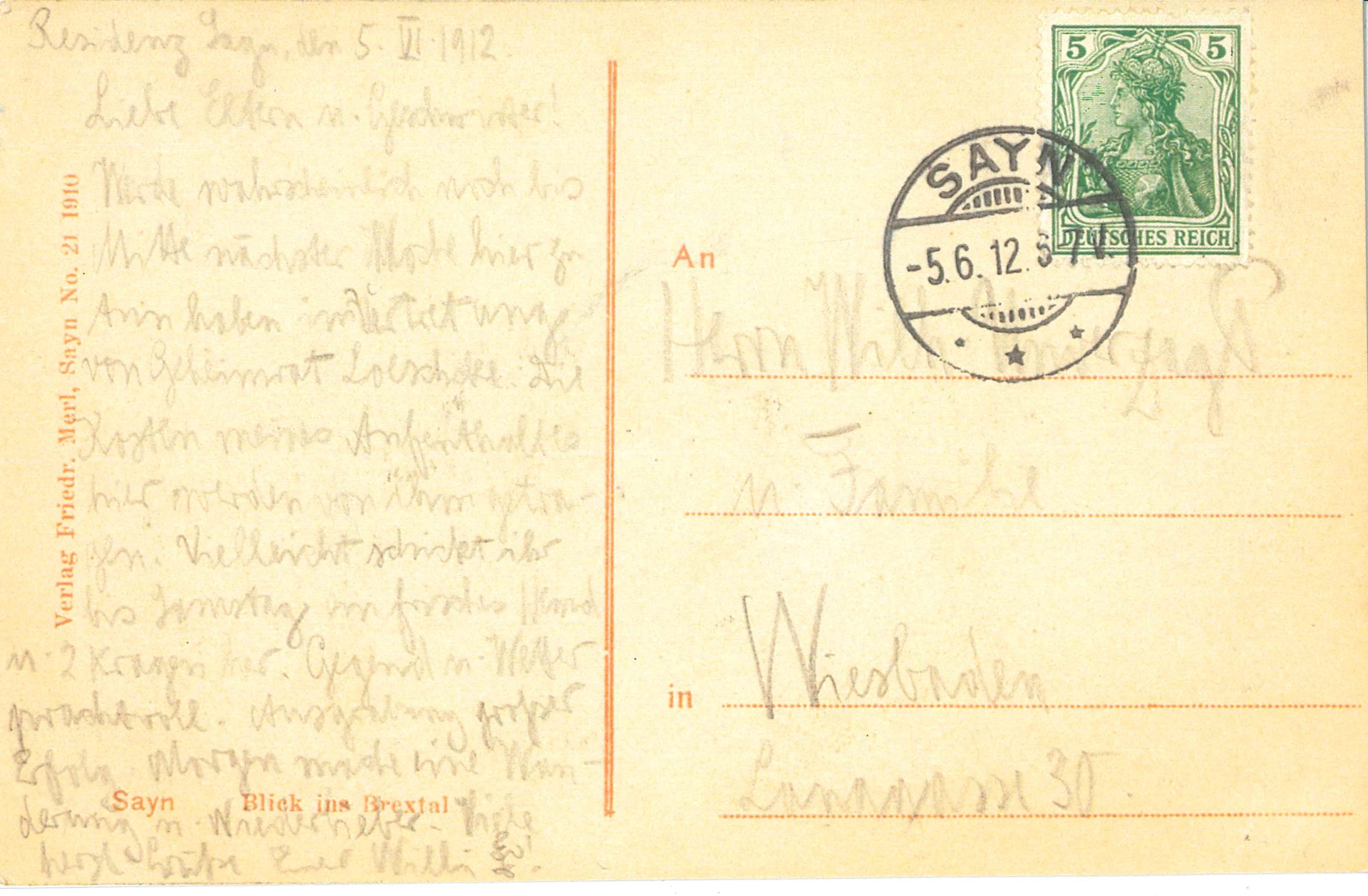 Rückseite einer Ansichtskarte, Bendorf-Sayn 1912 (REM CC BY-NC-SA)
