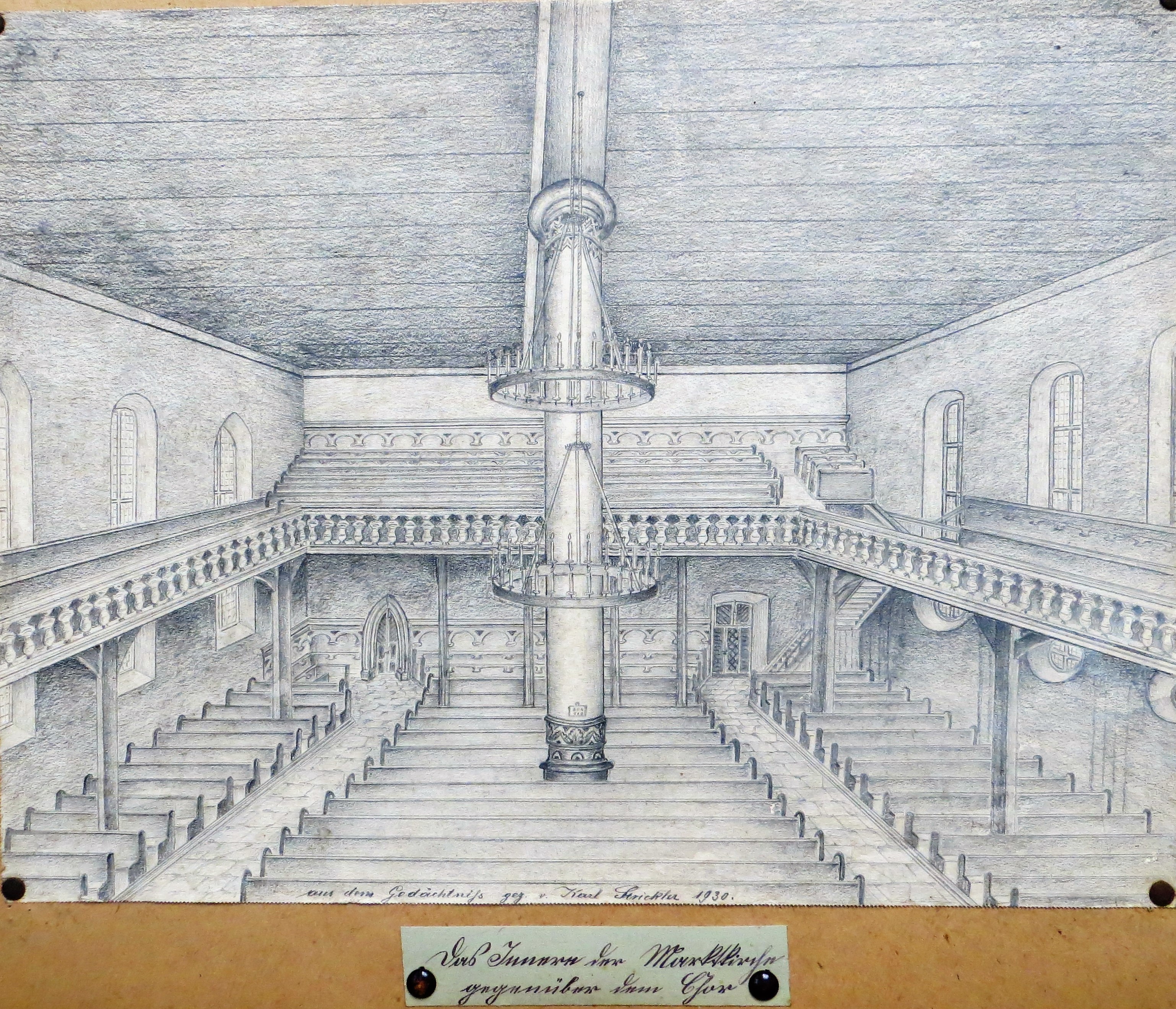 Zeichnung, Das Innere der Marktkirche gegenüber dem Chor (Museum der Stadt Bad Bergzabern CC BY-NC-SA)