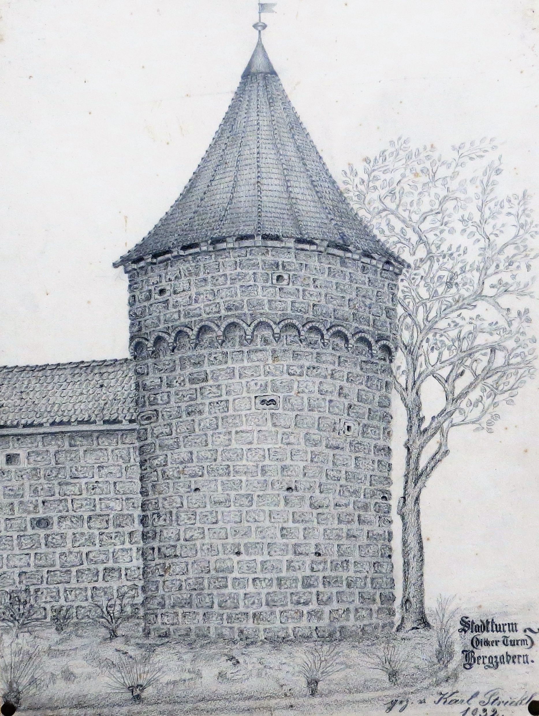 Zeichnung, Stadtturm (dicker Turm) Bergzabern (Museum der Stadt Bad Bergzabern CC BY-NC-SA)