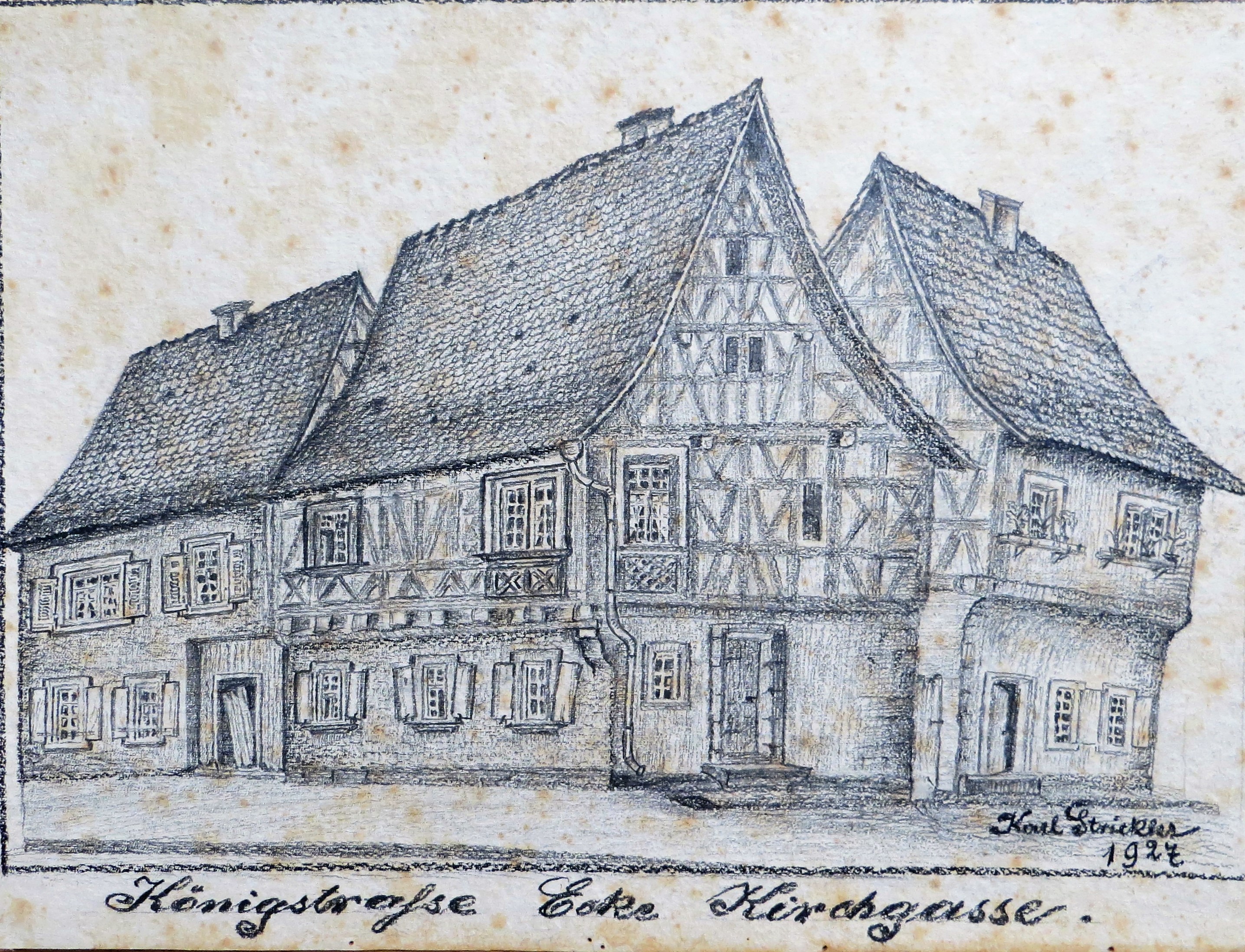 Zeichnung, Bergzabern – Königstraße Ecke Kirchstraße (Museum der Stadt Bad Bergzabern CC BY-NC-SA)