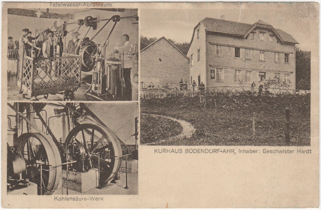 Ansichtskarte mit Bildern aus dem Tafelwasserabfüllraum, dem Kohlensäure-Werk und vom Kurhaus Bodendorf (Heimatmuseum und -Archiv Bad Bodendorf CC BY-NC-SA)