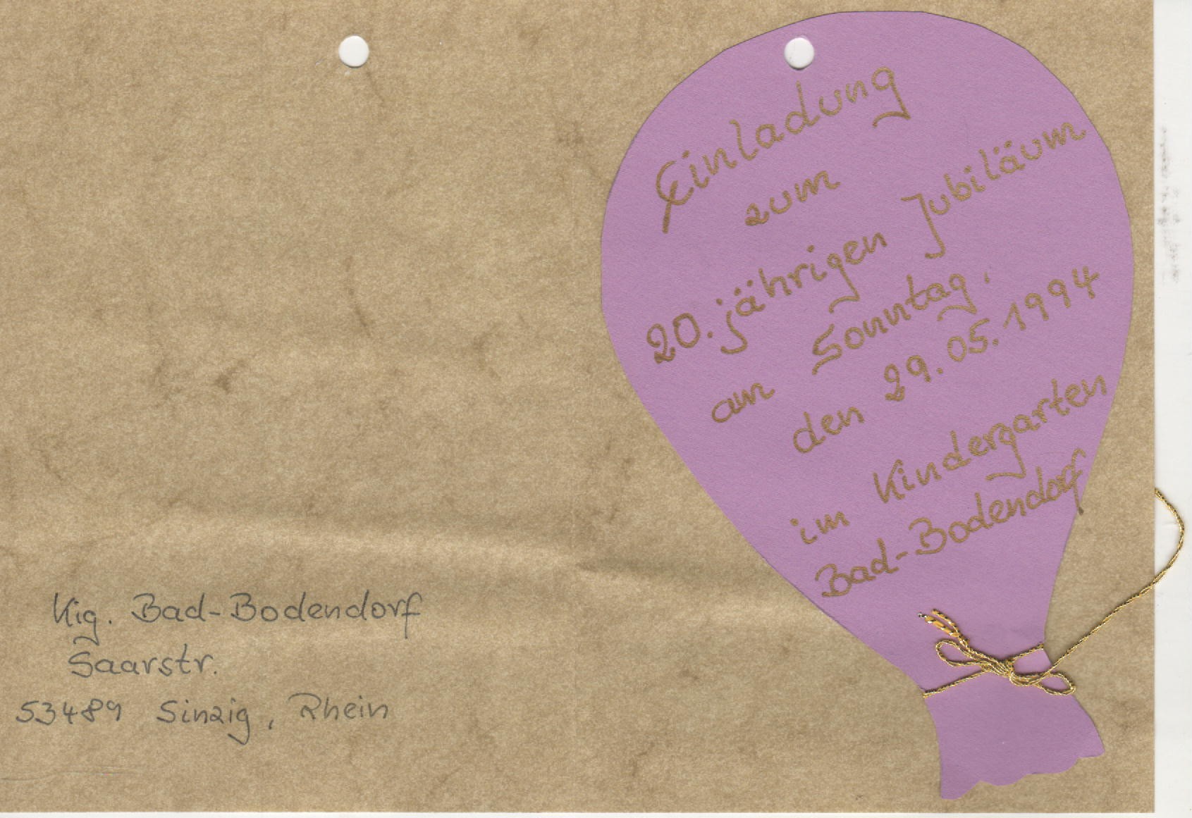 Einladung zum 20. jährigen Jubiläum des Kindergarten Bad Bodendorf (Heimatmuseum und -Archiv Bad Bodendorf CC BY-NC-SA)