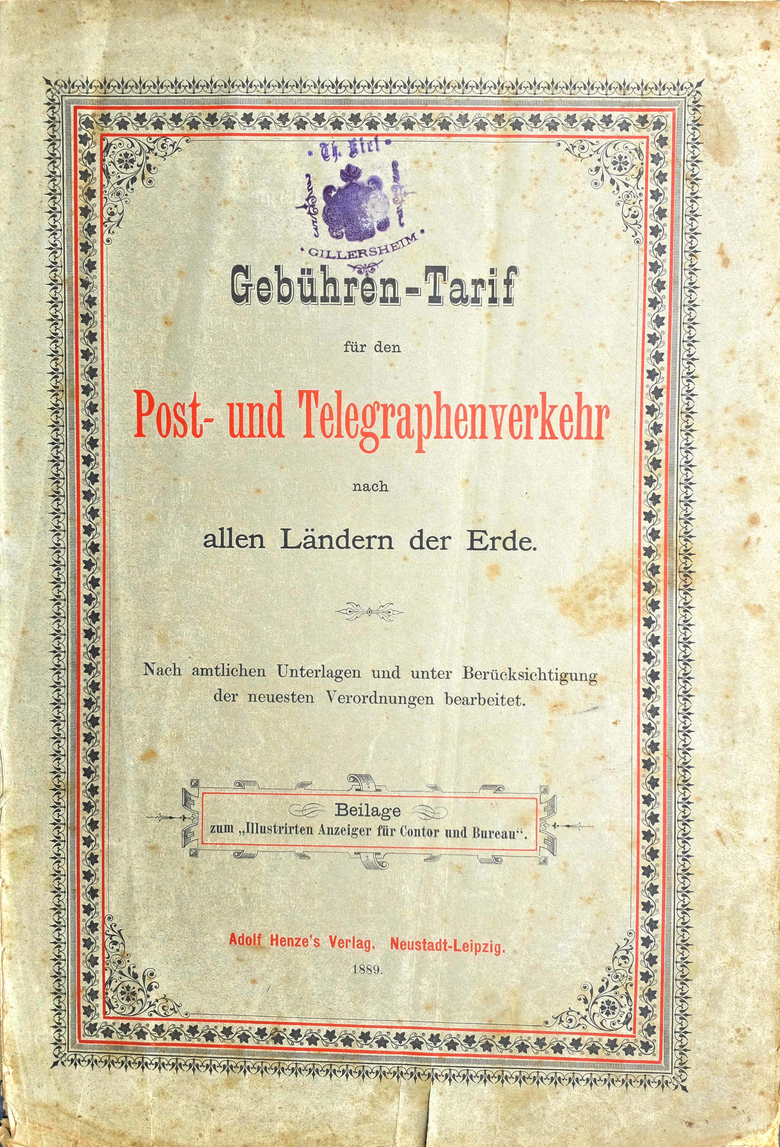 Gebühren Tarif für Post und Telegraphenverkehr 1889 (Volkskunde- und Freilichtmuseum Roscheider Hof CC0)
