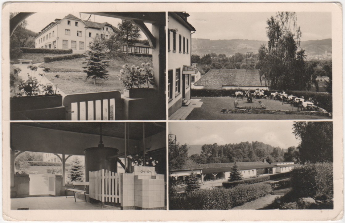 Ansichtskarte mit vier Motiven von Kurhaus Kushausterrasse, Trinkhalle und Badehaus (Heimatmuseum und -Archiv Bad Bodendorf CC BY-NC-SA)