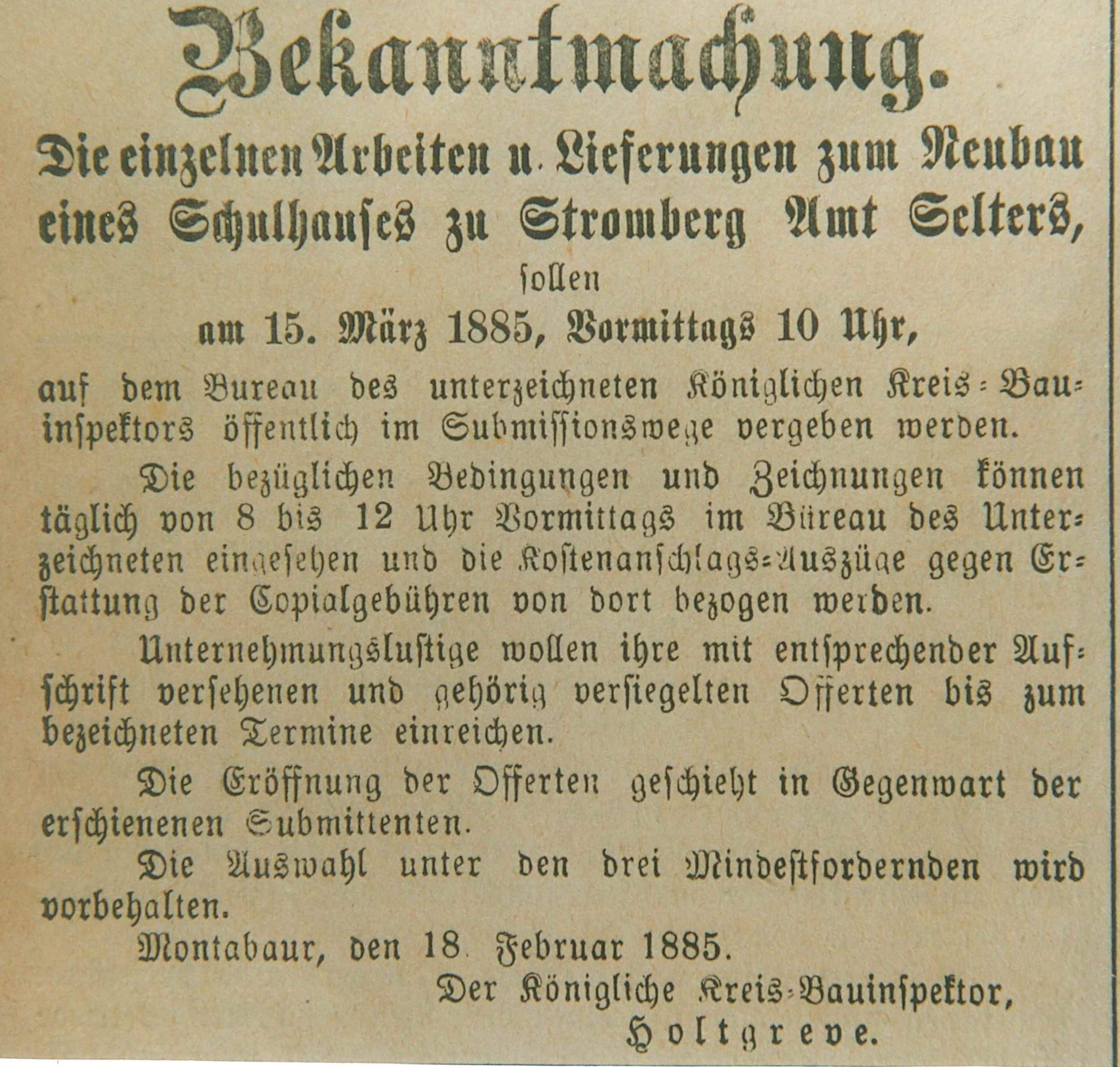Bekanntmachung zum Neubau des Schulhauses in Bendorf-Stromberg, 1885 (REM CC BY-NC-SA)