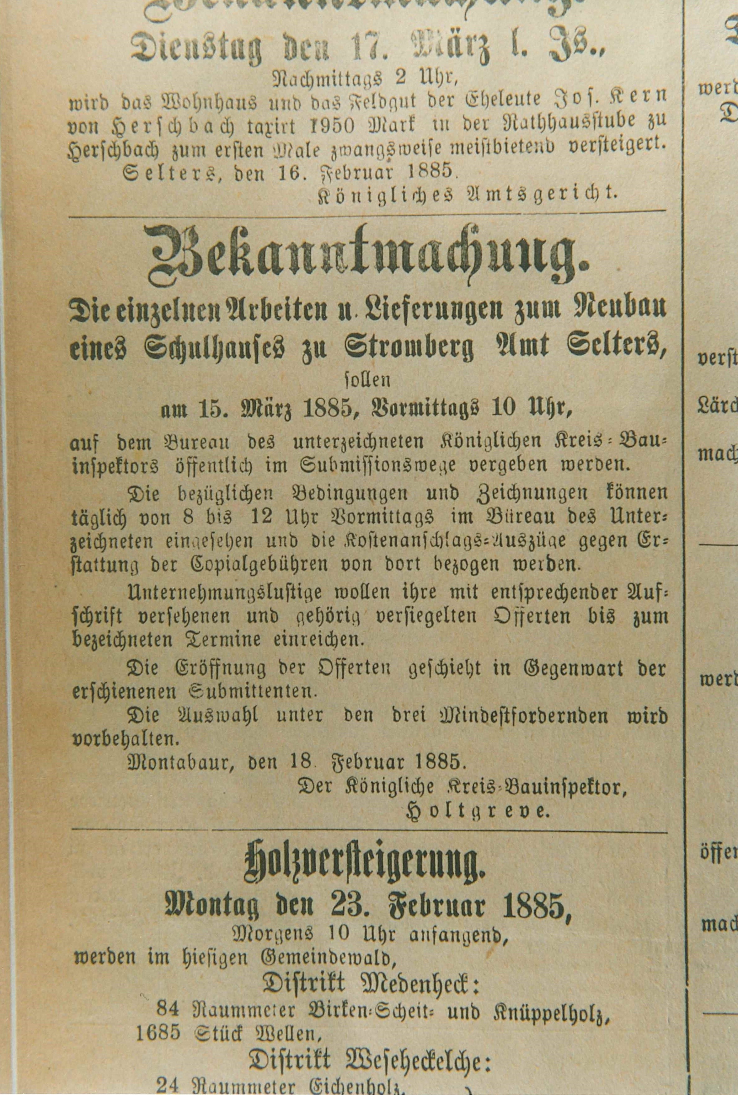 Bekanntmachung zum Neubau des Schulhauses in Bendorf-Stromberg, 1885 (REM CC BY-NC-SA)