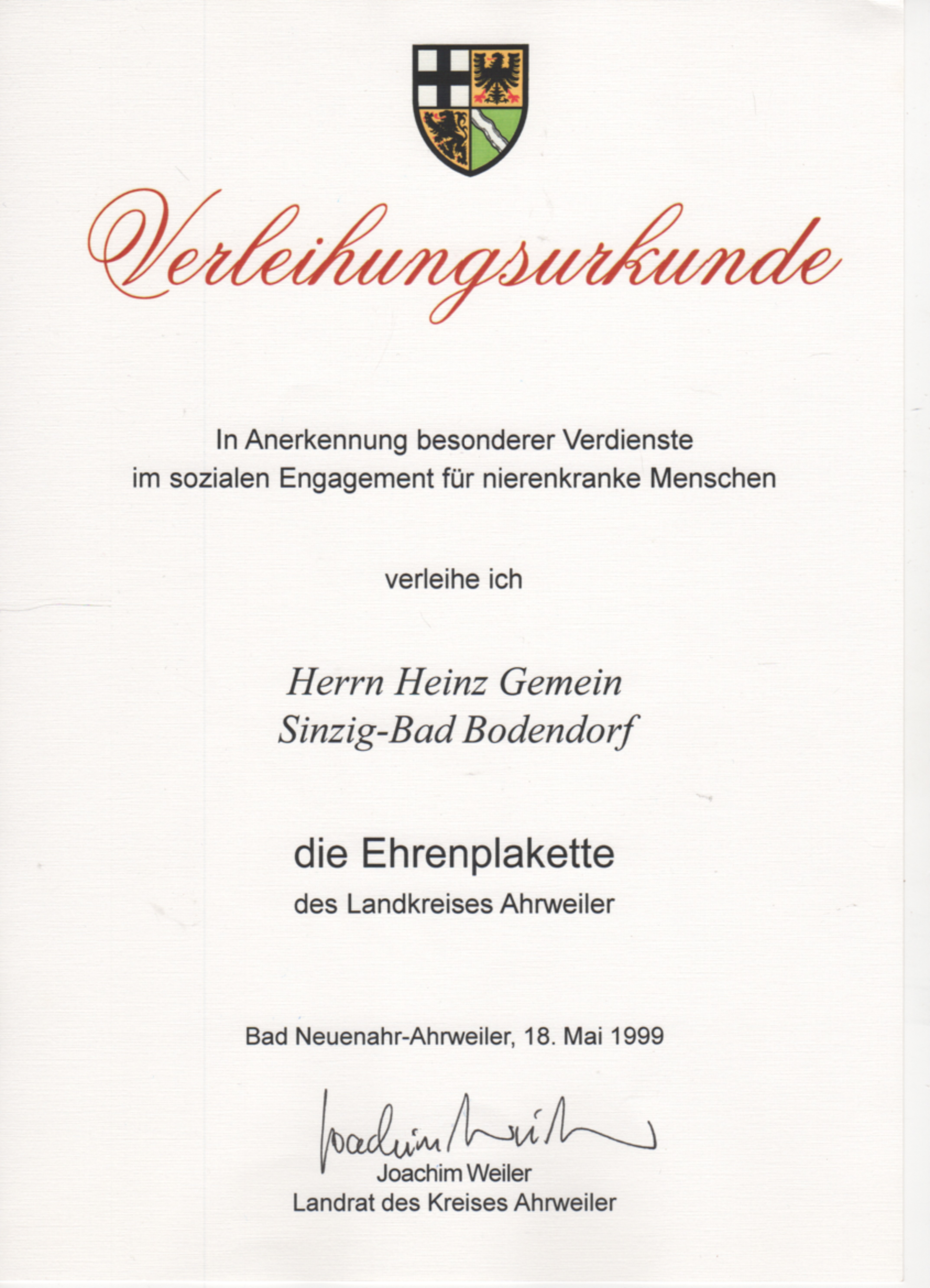 Verleihungsurkunde zur Ehrenplakette Landkreis Ahrweiler (Heimatmuseum und -Archiv Bad Bodendorf CC BY-NC-SA)