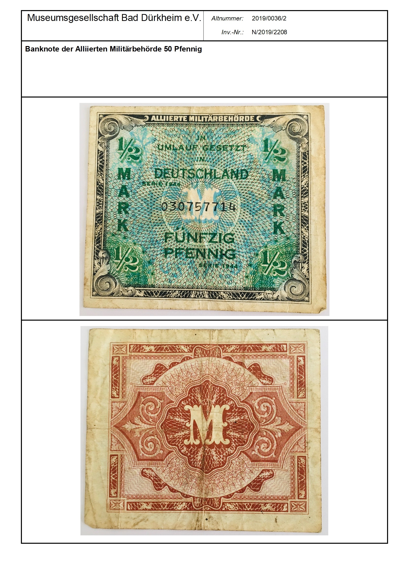 Banknote der Alliierten Militärbehörde 50 Pfennig
Serien-Nummer: 030757714 (Museumsgesellschaft Bad Dürkheim e.V. CC BY-NC-SA)