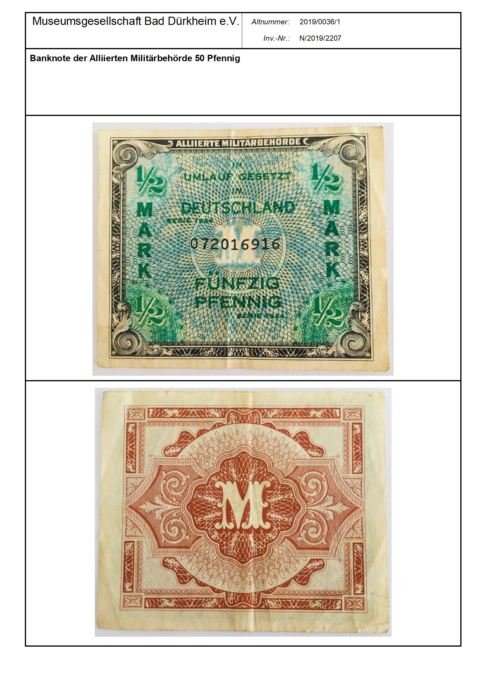 Banknote der Alliierten Militärbehörde 50 Pfennig
Serien-Nummer: 072016916 (Museumsgesellschaft Bad Dürkheim e.V. CC BY-NC-SA)
