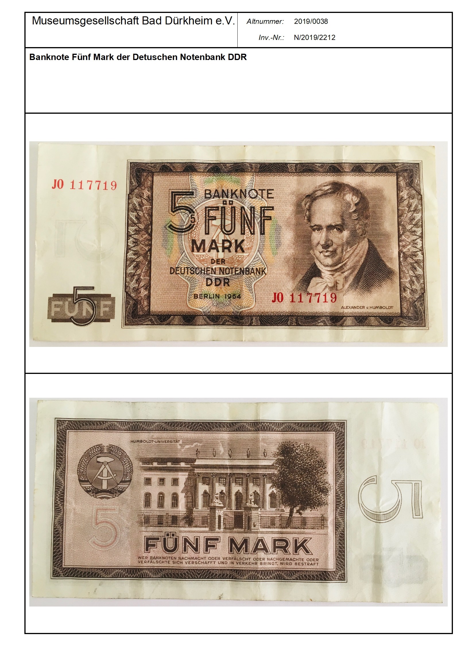 Banknote Fünf Mark der Detuschen Notenbank DDR
Serien-Nummer: JO 117719 (Museumsgesellschaft Bad Dürkheim e.V. CC BY-NC-SA)