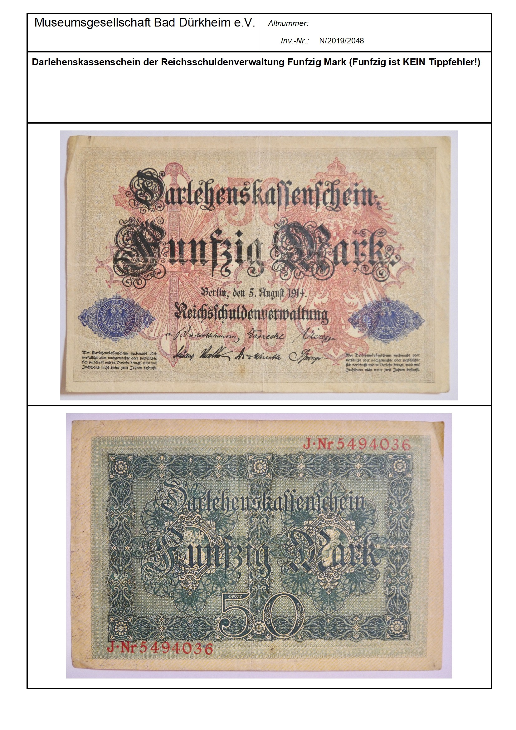 Darlehenskassenschein der Reichsschuldenverwaltung Funfzig Mark (Funfzig ist KEIN Tippfehler!)
Serien-Nummer: J*Nr 5494036 (Museumsgesellschaft Bad Dürkheim e.V. CC BY-NC-SA)