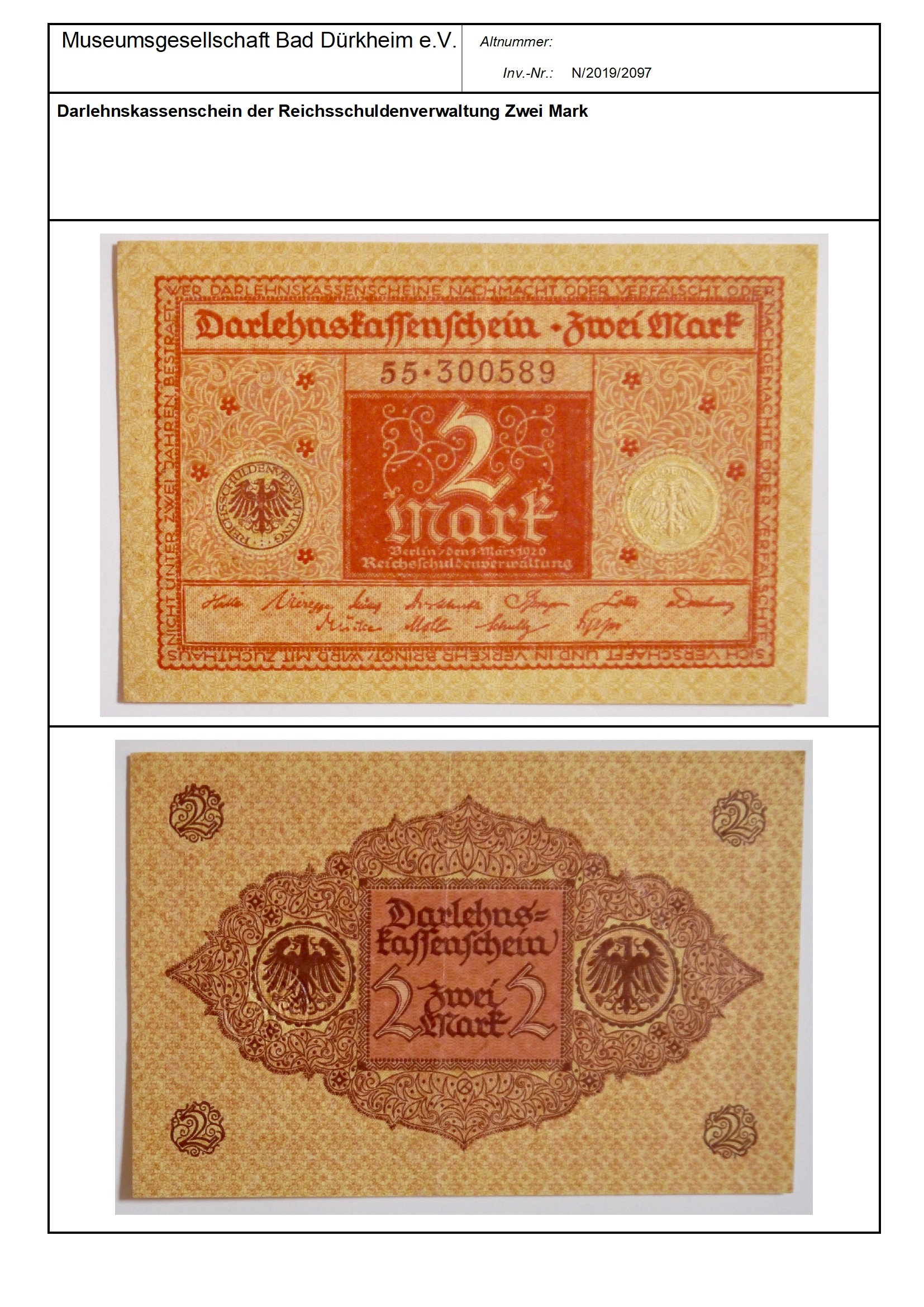 Darlehnskassenschein der Reichsschuldenverwaltung Zwei Mark
Serien-Nummer: 55*300589 (Museumsgesellschaft Bad Dürkheim e.V. CC BY-NC-SA)